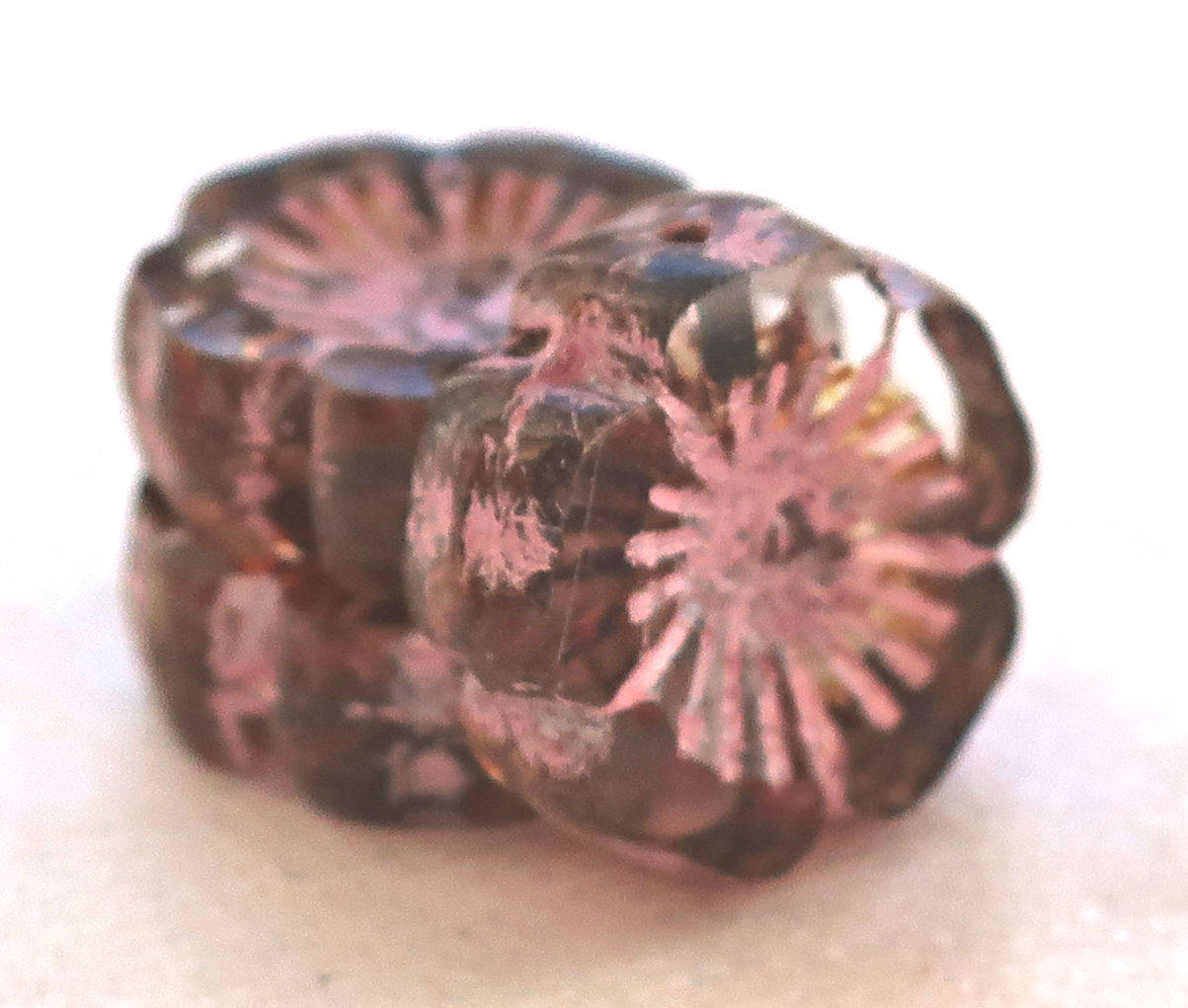 Five14mm table cut, carved, transparent crystal & pink picasso, Czech glass hibiscus Hawaiian flower beads, C61105