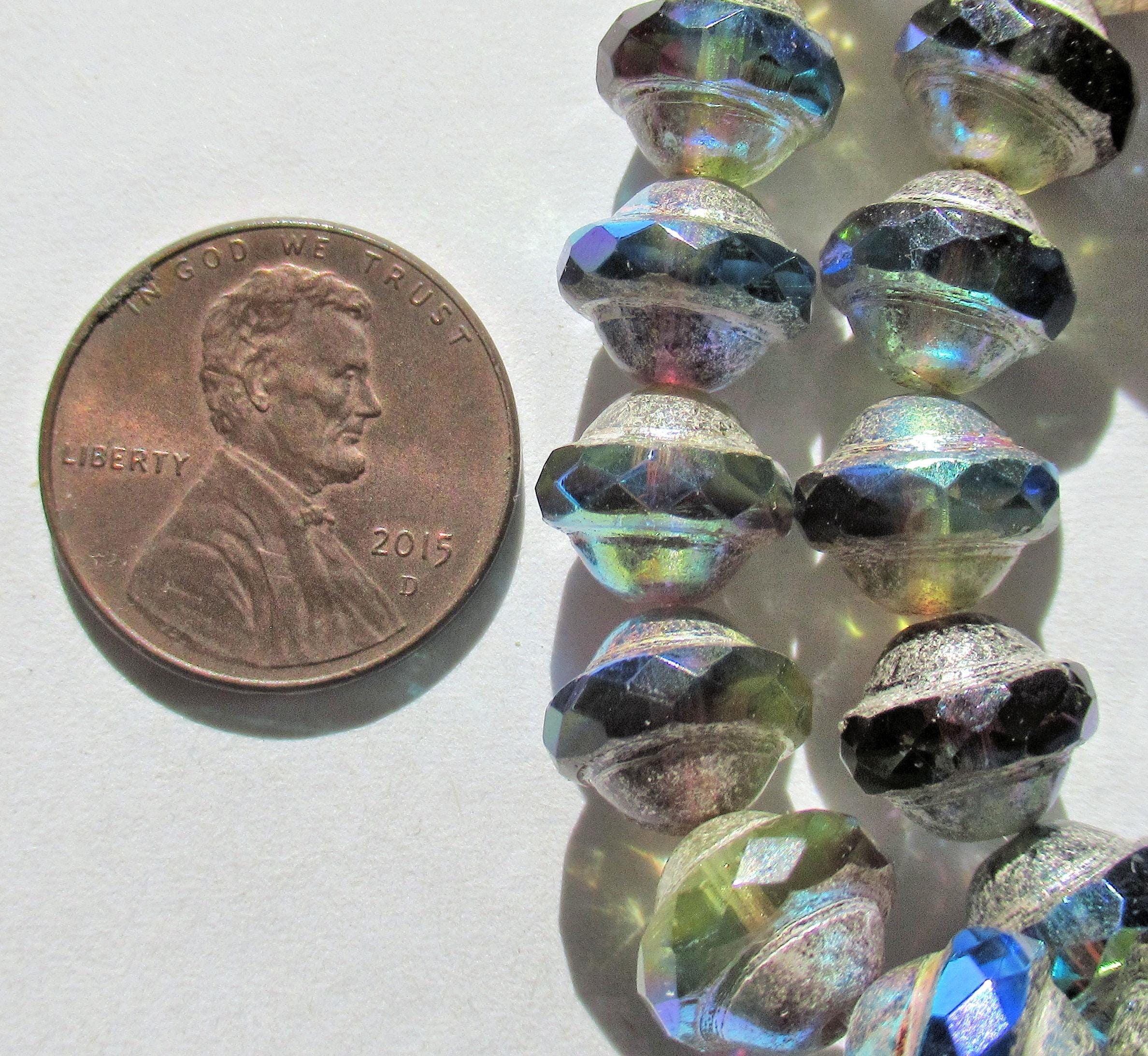 15 Czech glass saturn / saucer beads - 8 x 10mm blue & purple / amethyst ab color mix with a silver ab picasso accents - C00573