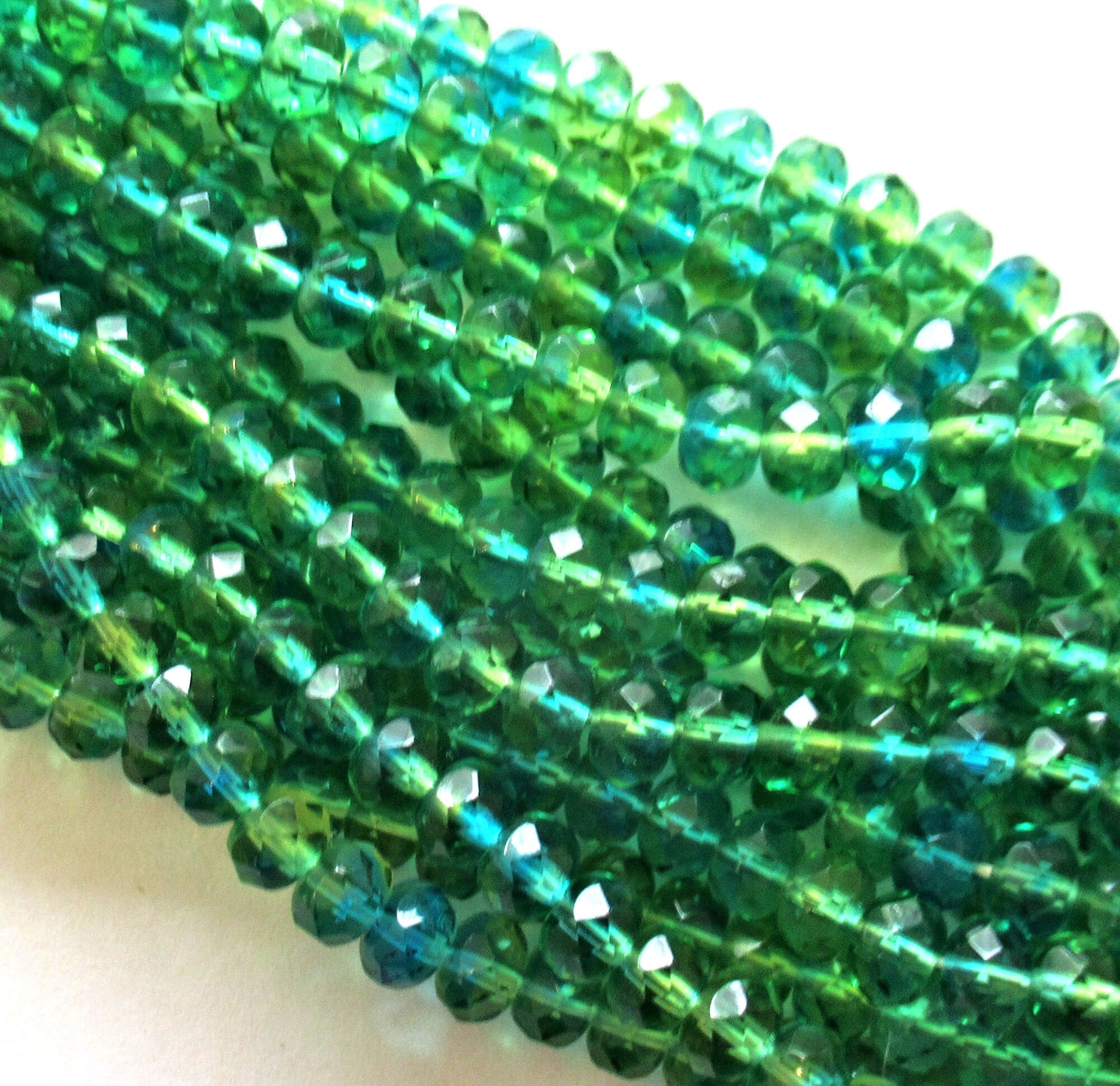 25 faceted Czech glass puffy rondelle beads - 5 x 7mm transparent green and blue mix rondelles - faceted fire polished beads - 00051