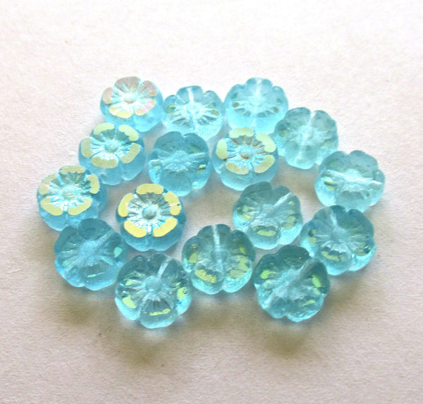 16 Czech glass flower beads - 9mm - aqua blue with a mirror ab finish - table cut & carved Hawaiian hibiscus floral beads C00012
