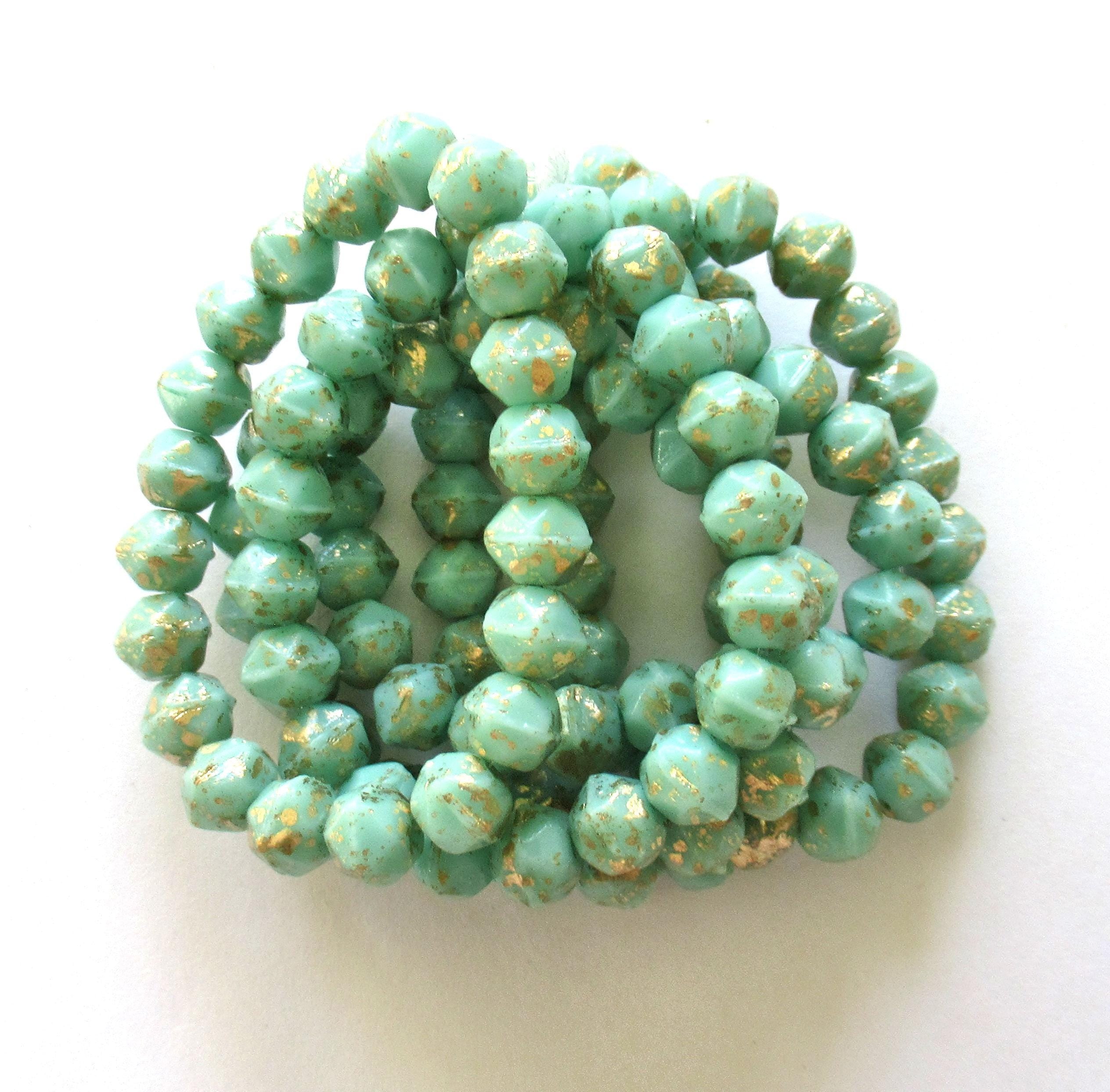 20 8mm Czech glass English cut beads - opaque mint green beads with splotchy gold accents - C00522