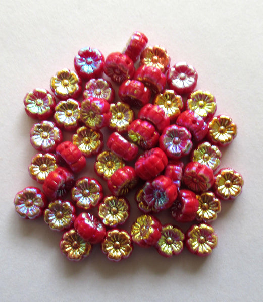 15 8mm Czech glass flower beads - opaque red with an ab finish on both sides- Hawaiian hibiscus flower beads - C00501