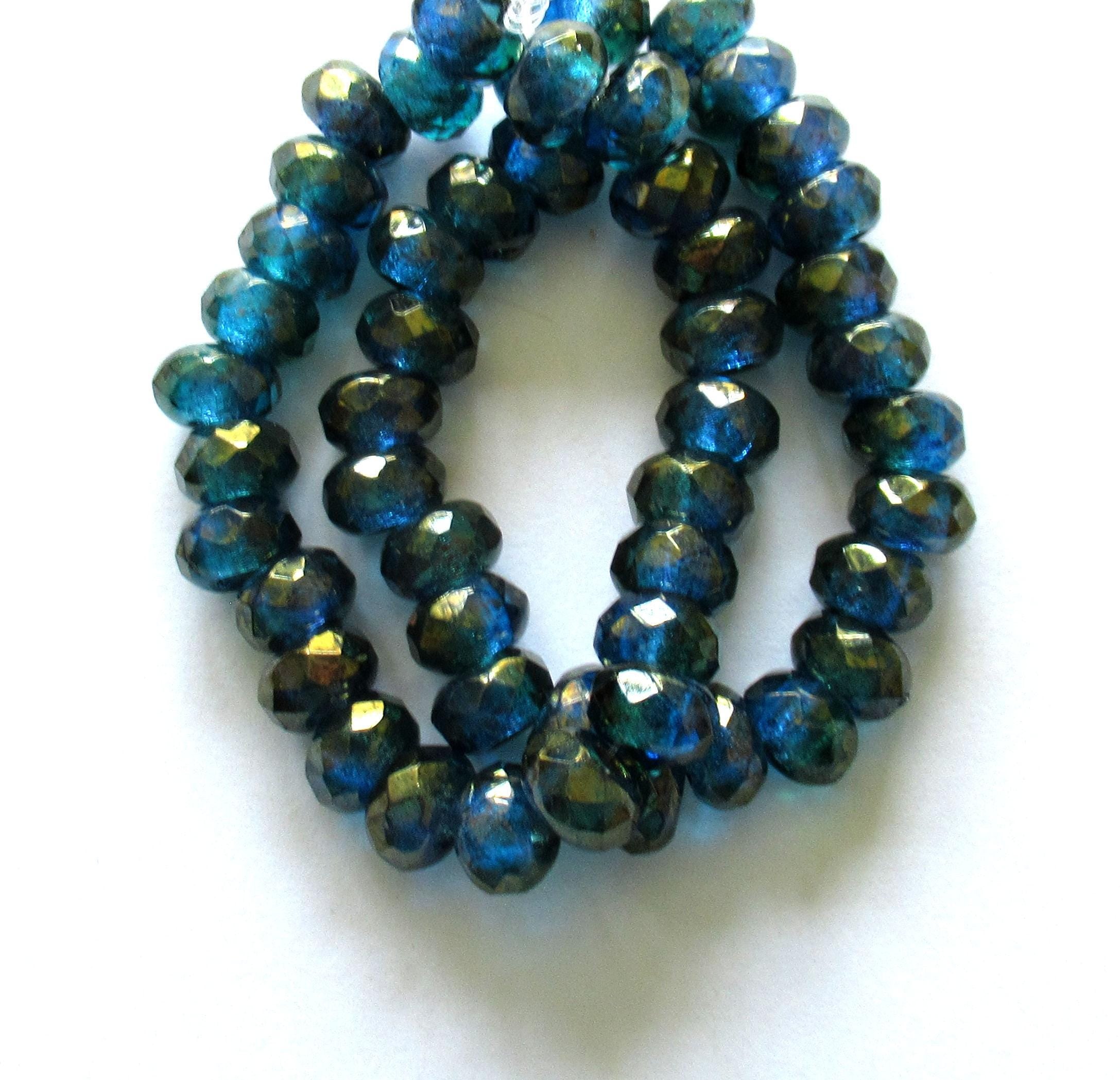 Ten faceted Czech glass roller or rondelle beads - blue & green gold luster - 9 x 6mm - 3mm holes - big hole donut beads - 00441