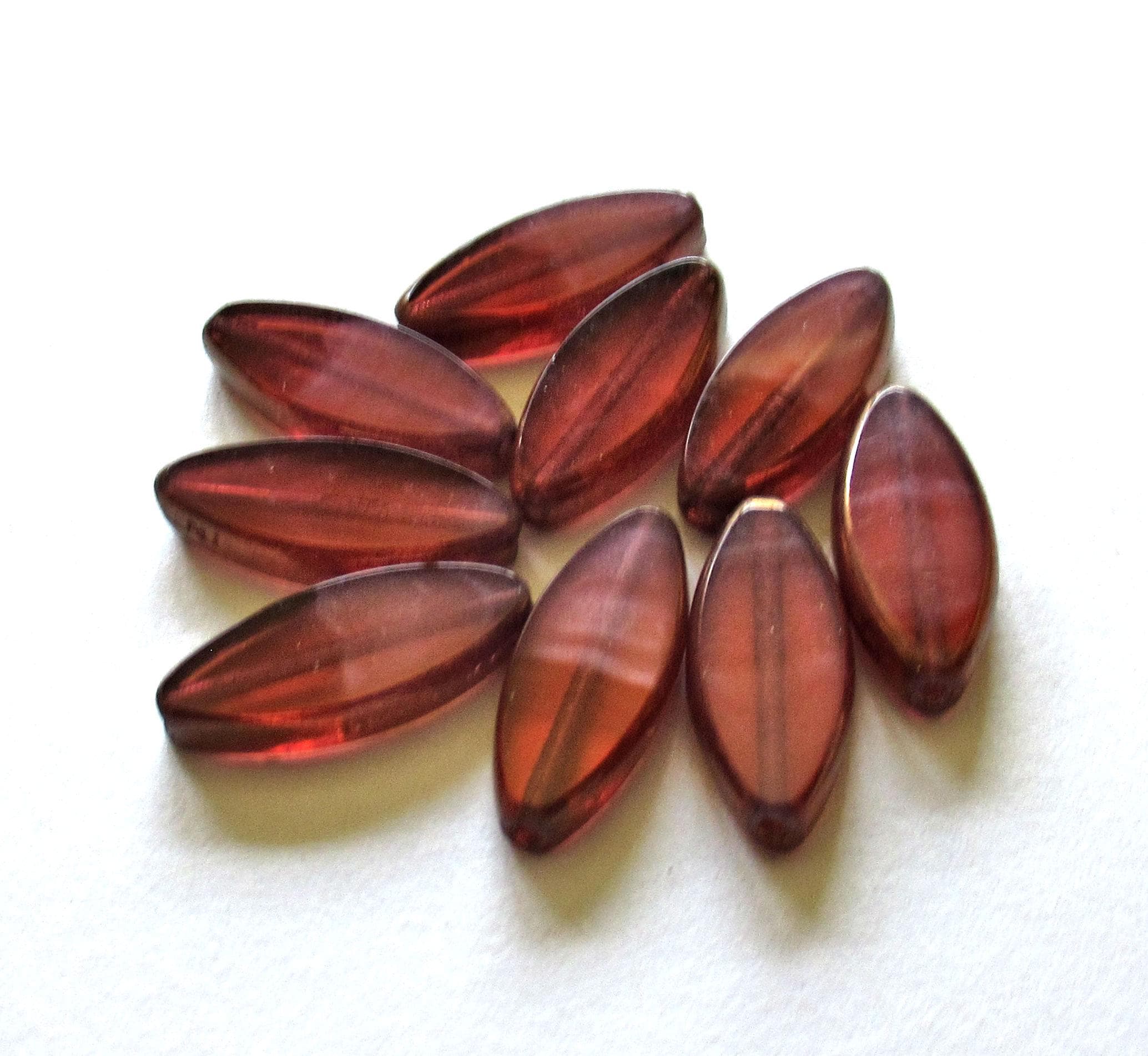 Ten Czech glass spindle beads - transparent & milky two tone pink w/ bronze - 18 x 7mm table cut beads C000404