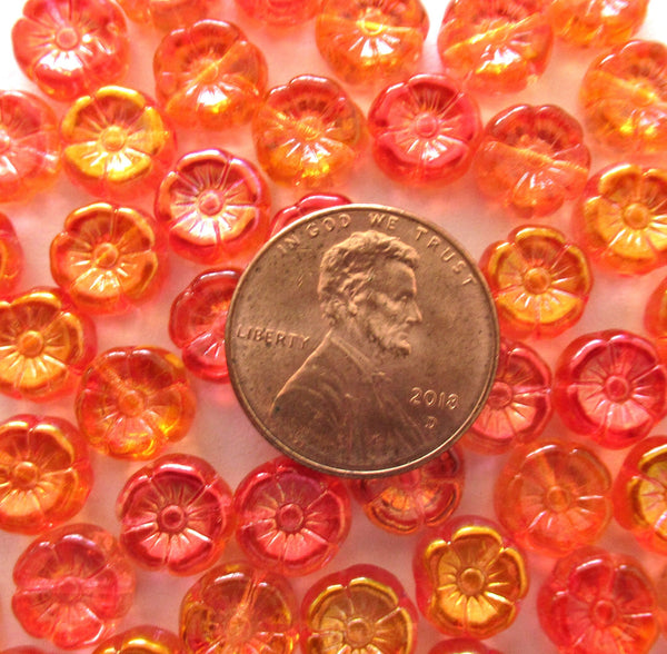 Lot of 15 8mm Czech glass flower beads - transparent orange or hyacinth with an ab finish - pressed glass Hawaiian flower beads C0039