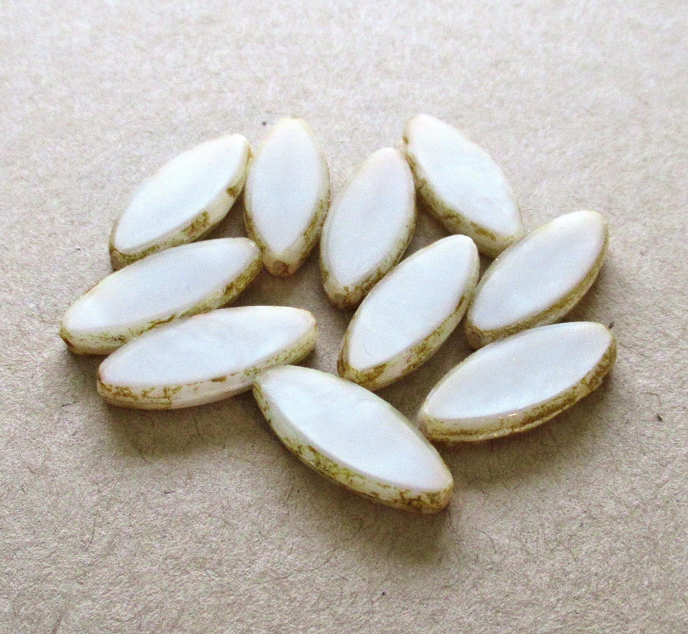 Ten large Czech glass spindle beads - opaque silky white picasso beads - 9 x 20mm - table cut almond shaped oval beads - 00012
