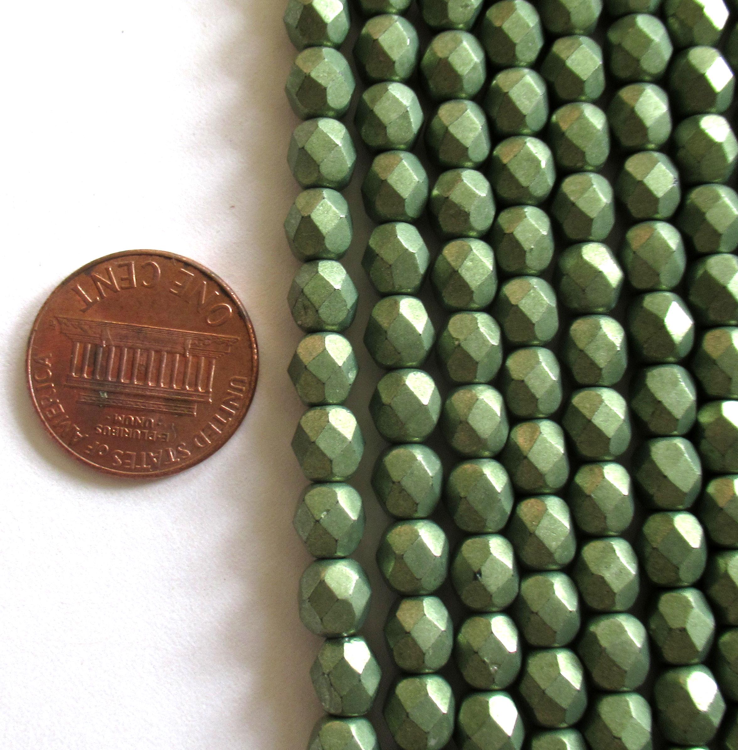 25 6mm Czech glass sage green beads - Saturated Metallic Greenery - faceted round beads - C0034