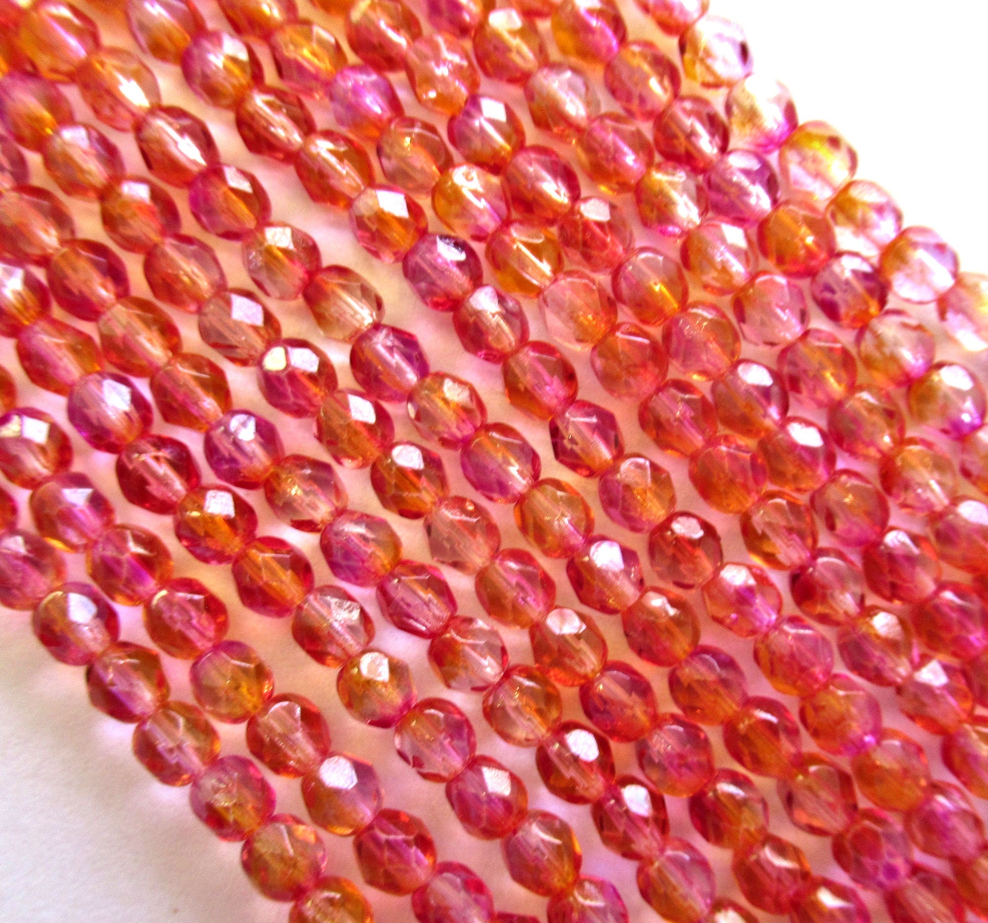 50 4mm Czech glass beads - fuchsia lemon dual coated pink & yellow / orange - faceted round fire polished beads 0038