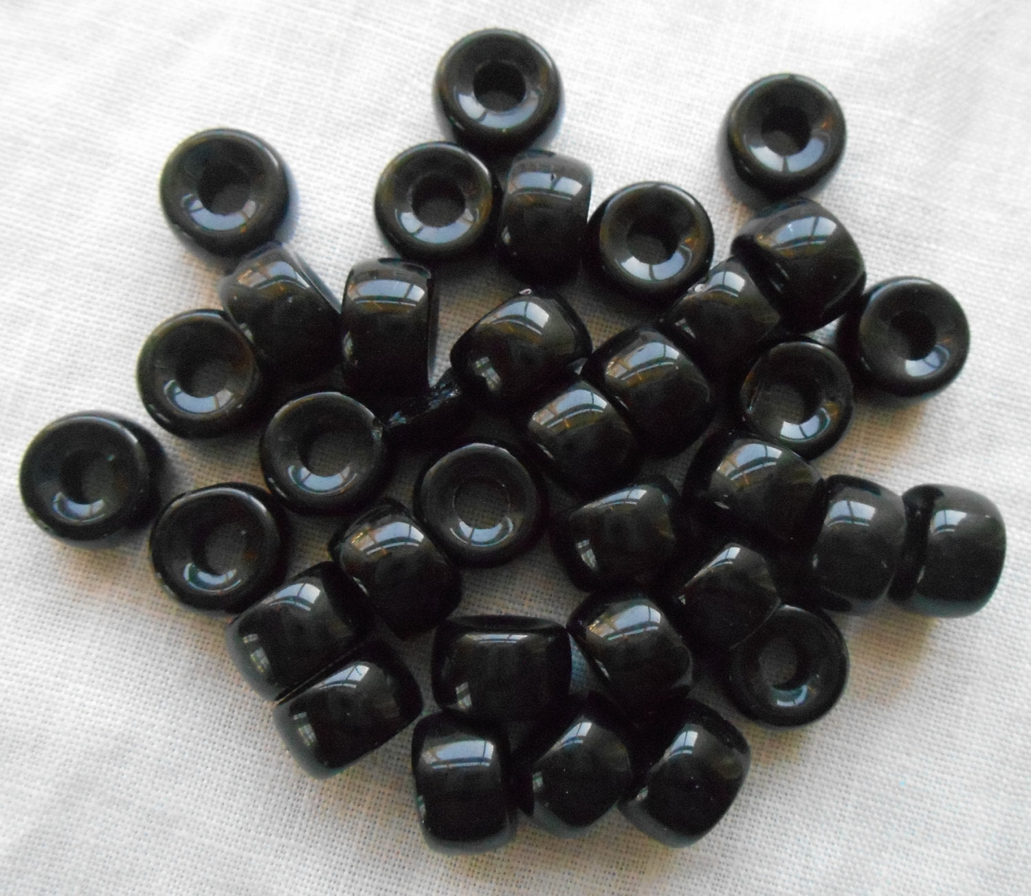 25 9mm Czech Opaque Jet Black glass pony roller beads, large hole crow beads, C7625
