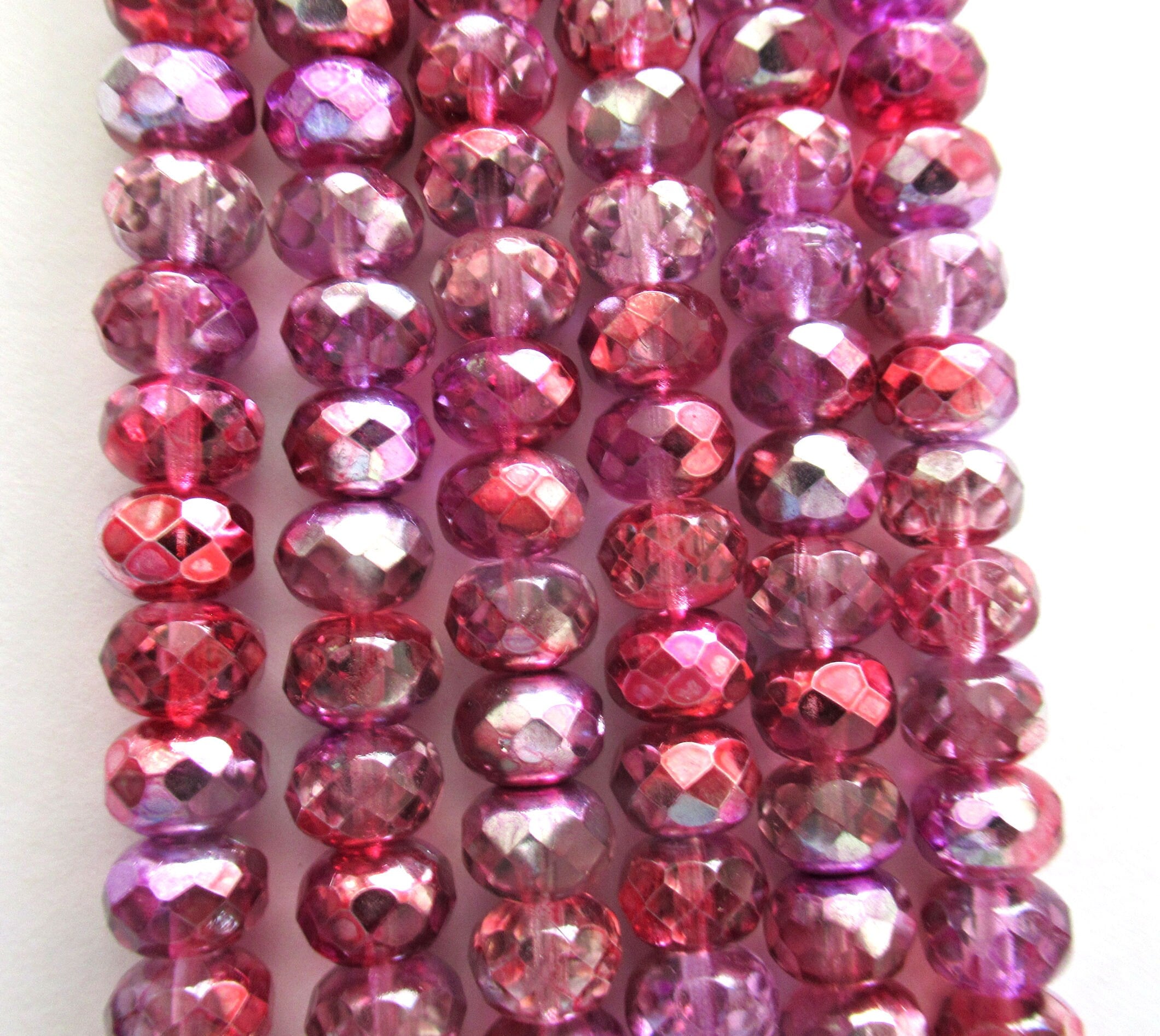 Lot of 25 6 x 9mm Czech glass puffy rondelle beads - pink mix metallic ab fire polished, faceted beads C00312