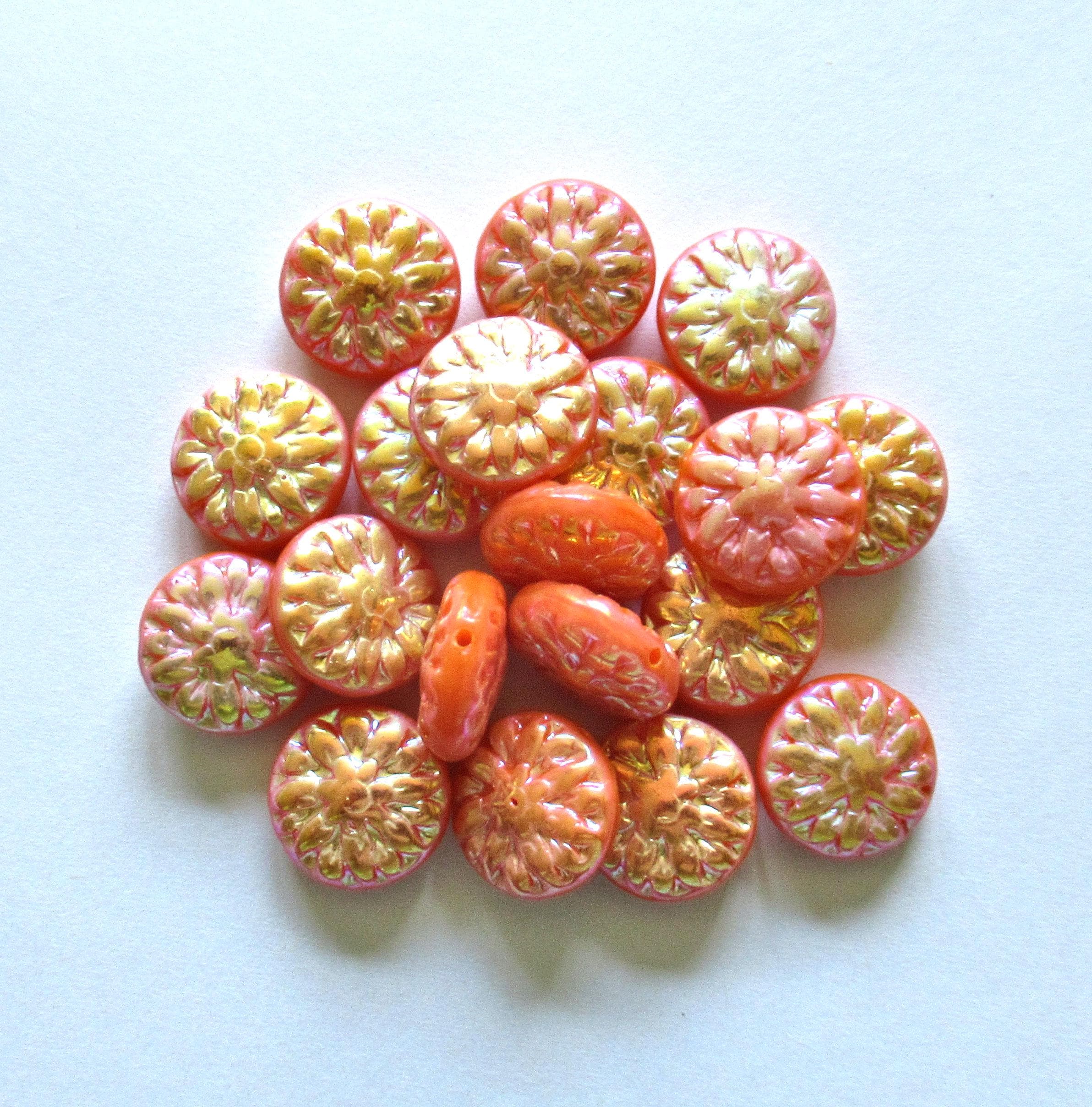 Six Czech glass Dahlia flower beads - 14mm - opaque orange w/ an AB finish on both sides - puffy coin or disc beads - C00131