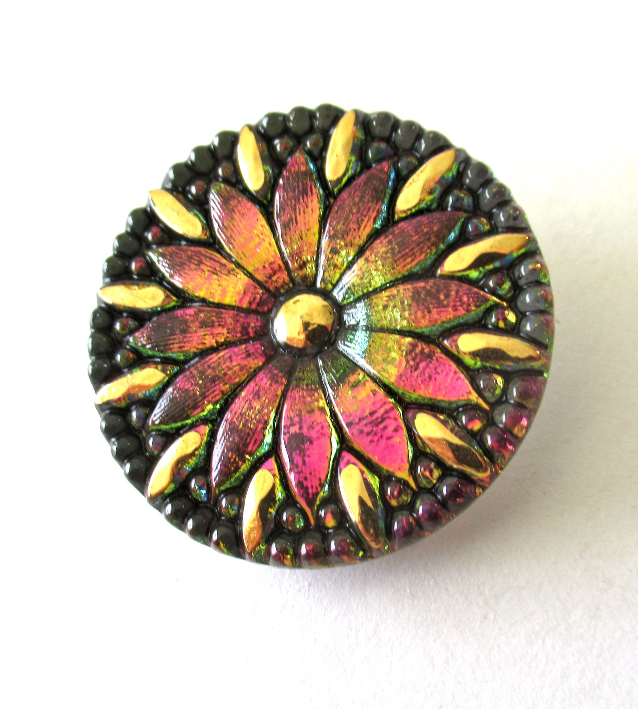 One 30mm Czech glass daisy flower button - iridescent pink yellow / orange button with gold accents - floral decorative shank buttons 00163