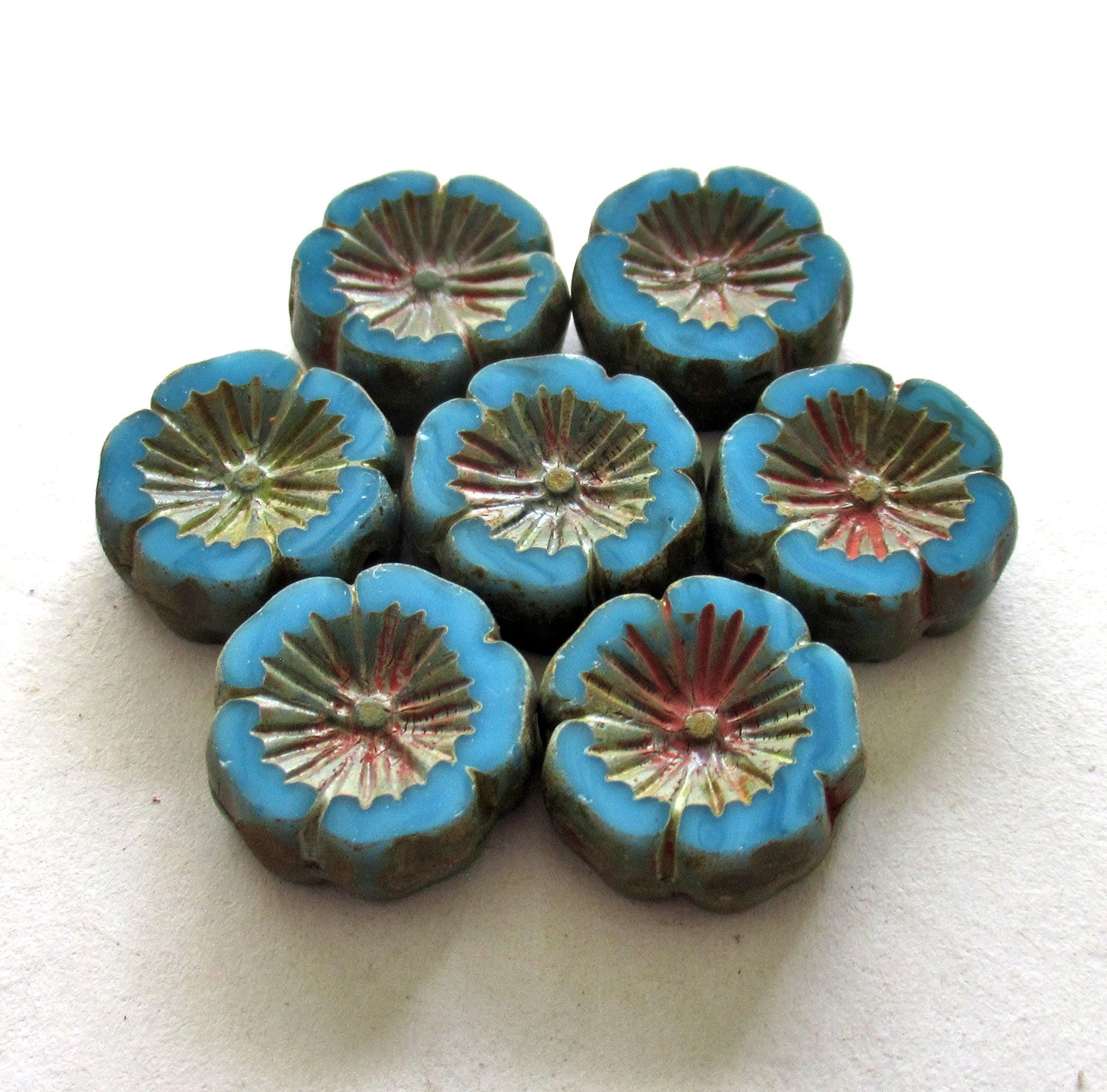 Six 14mm Czech glass flower beads - opaque bright blue Hawaiian hibiscus flower beads with a picasso finish- table cut carved beads - C00241