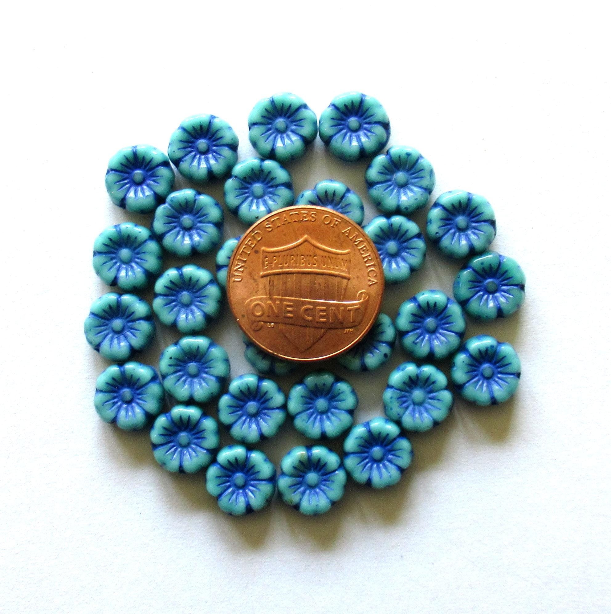 15 Czech glass flower beads - 8mm - turquoise blue with a royal blue wash - pressed floral beads - C0601