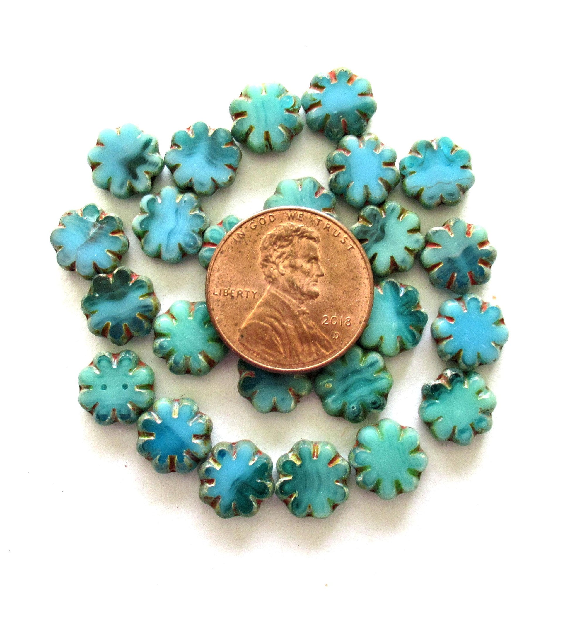 15 Czech glass flower beads - marbled blue & green picasso beads - 9mm - table cut cactus flower beads - C00871 - Glorious Glass Beads