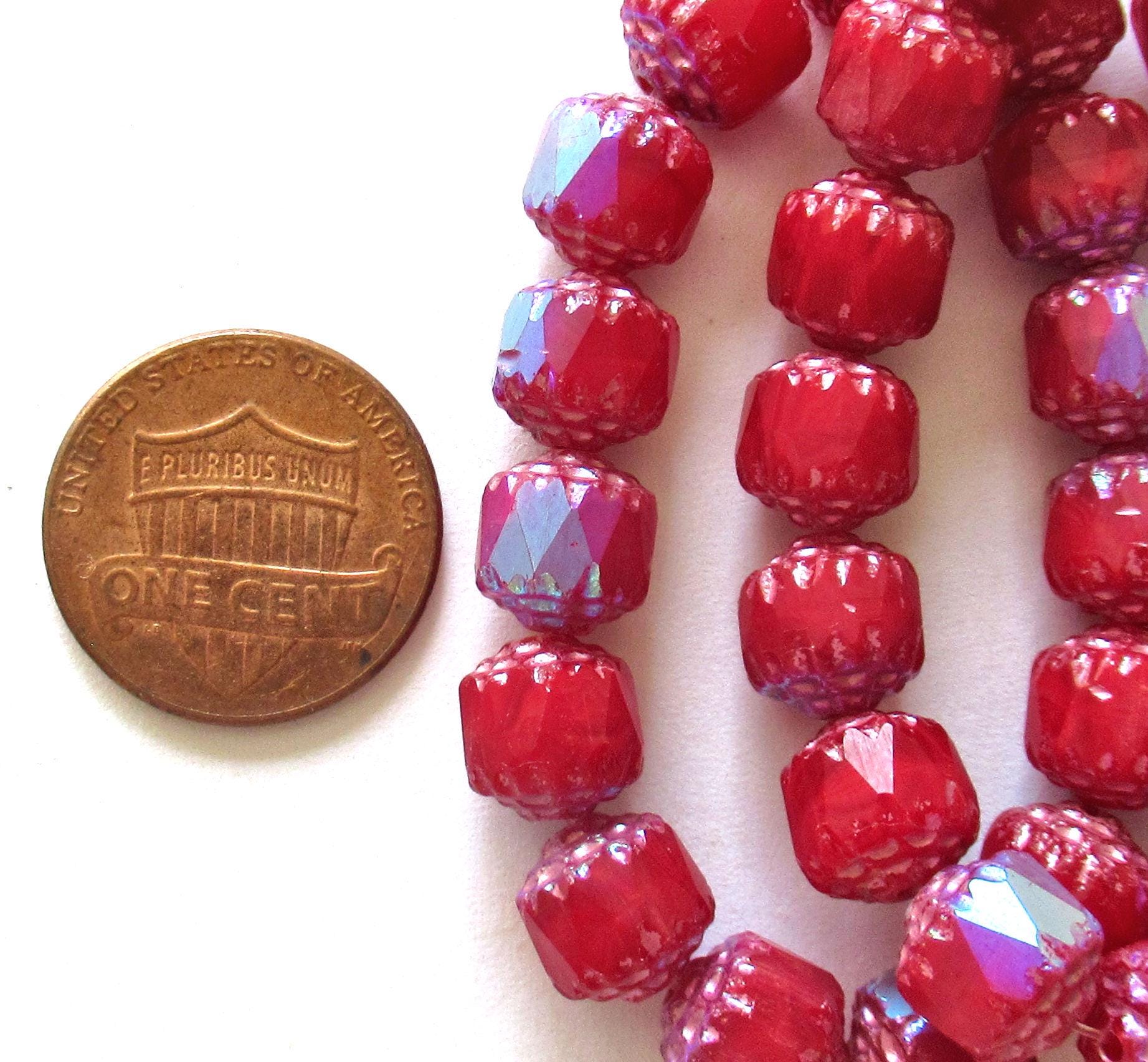 Lot of 15 8mm Czech glass cathedral beads - opaque red w/ AB accents - faceted fire polished antique cut beads C00761