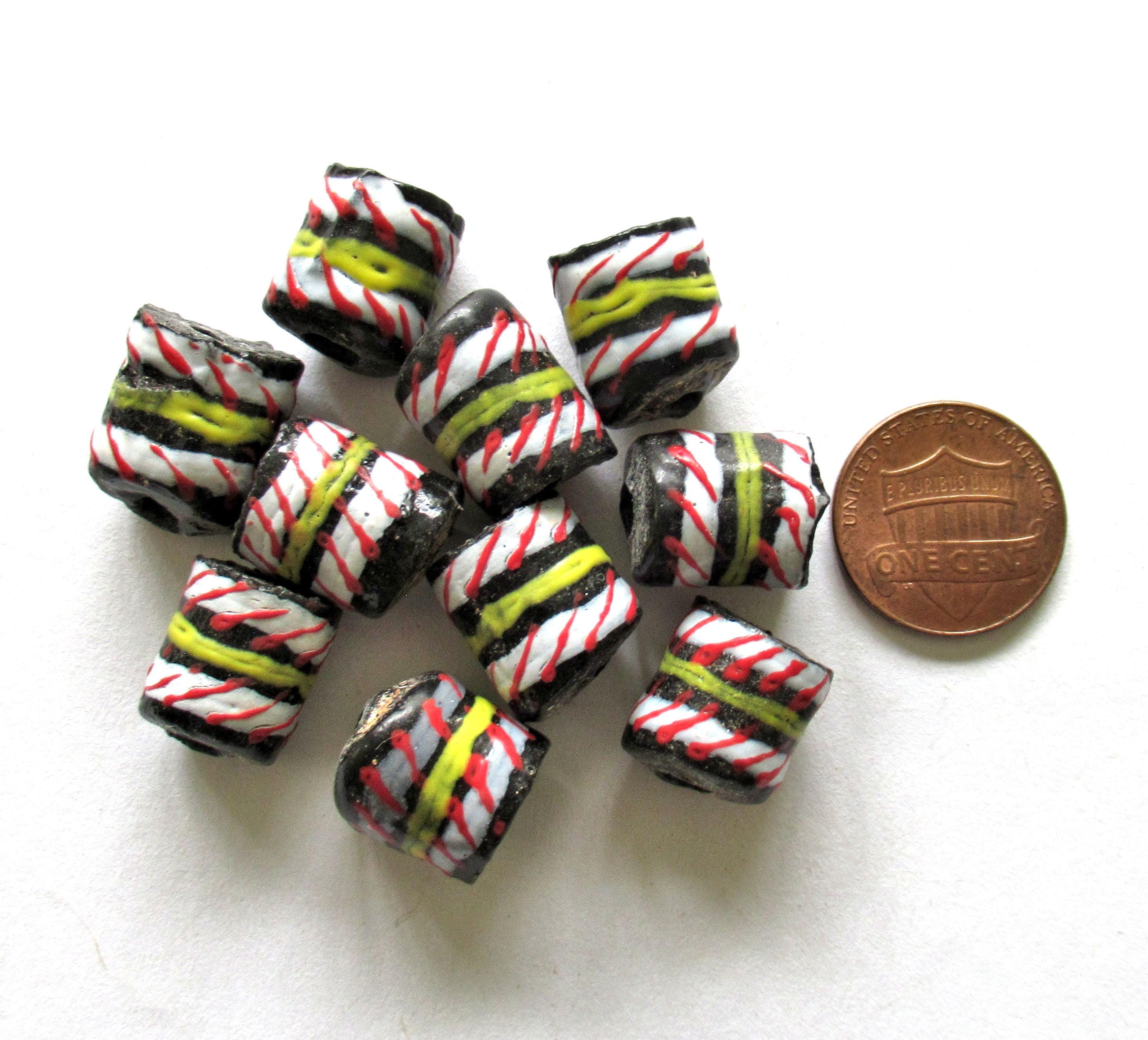 8 African Ghana glass tube beads - black beads w/ a white red & yellow stripes- 13 - 16mm by 11 to 12.5mm - big hole beads - C00771