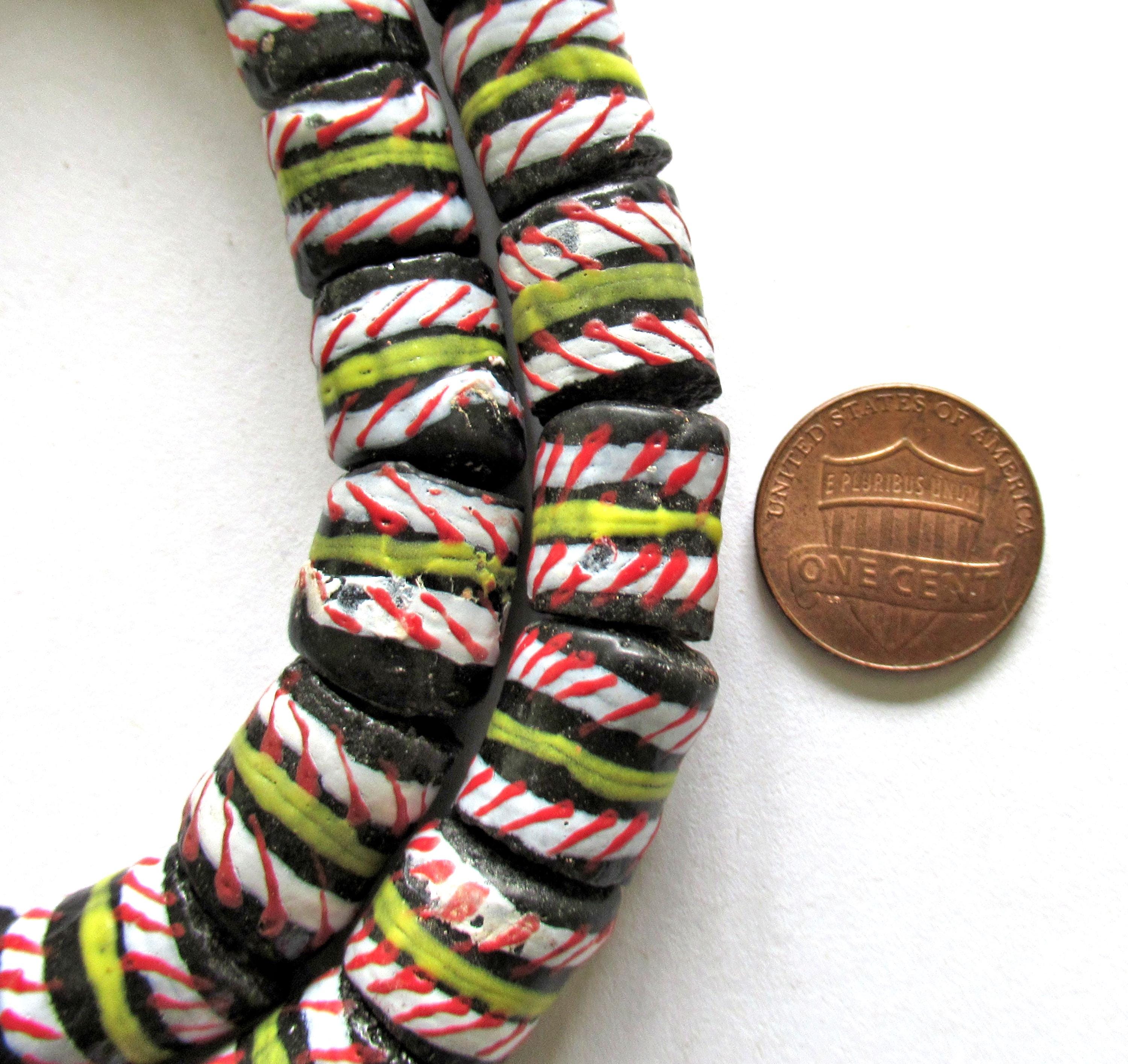8 African Ghana glass tube beads - black beads w/ a white red & yellow stripes- 13 - 16mm by 11 to 12.5mm - big hole beads - C00771