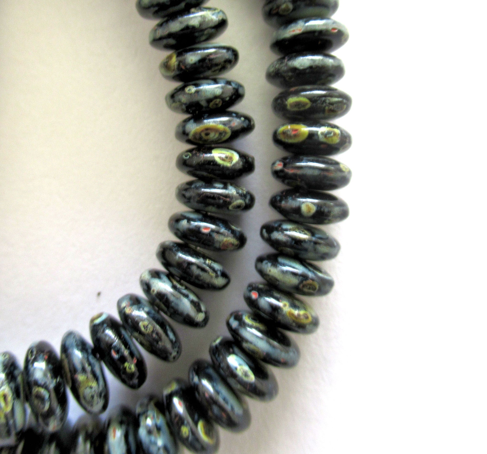 Lot of 50 6mm Czech glass rondelle beads - jet black picasso flat spacers or rondelles - C0058
