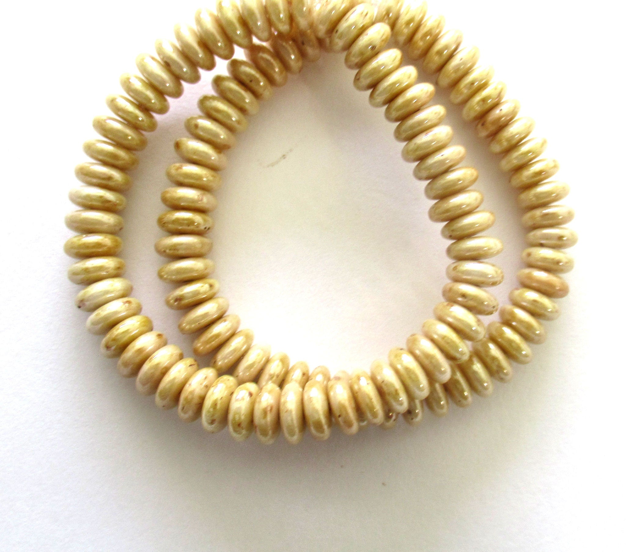 50 6mm Czech glass rondelle spacer beads - opaque off white with a splotchy beige luster finish - flat spacers or rondelles C0601