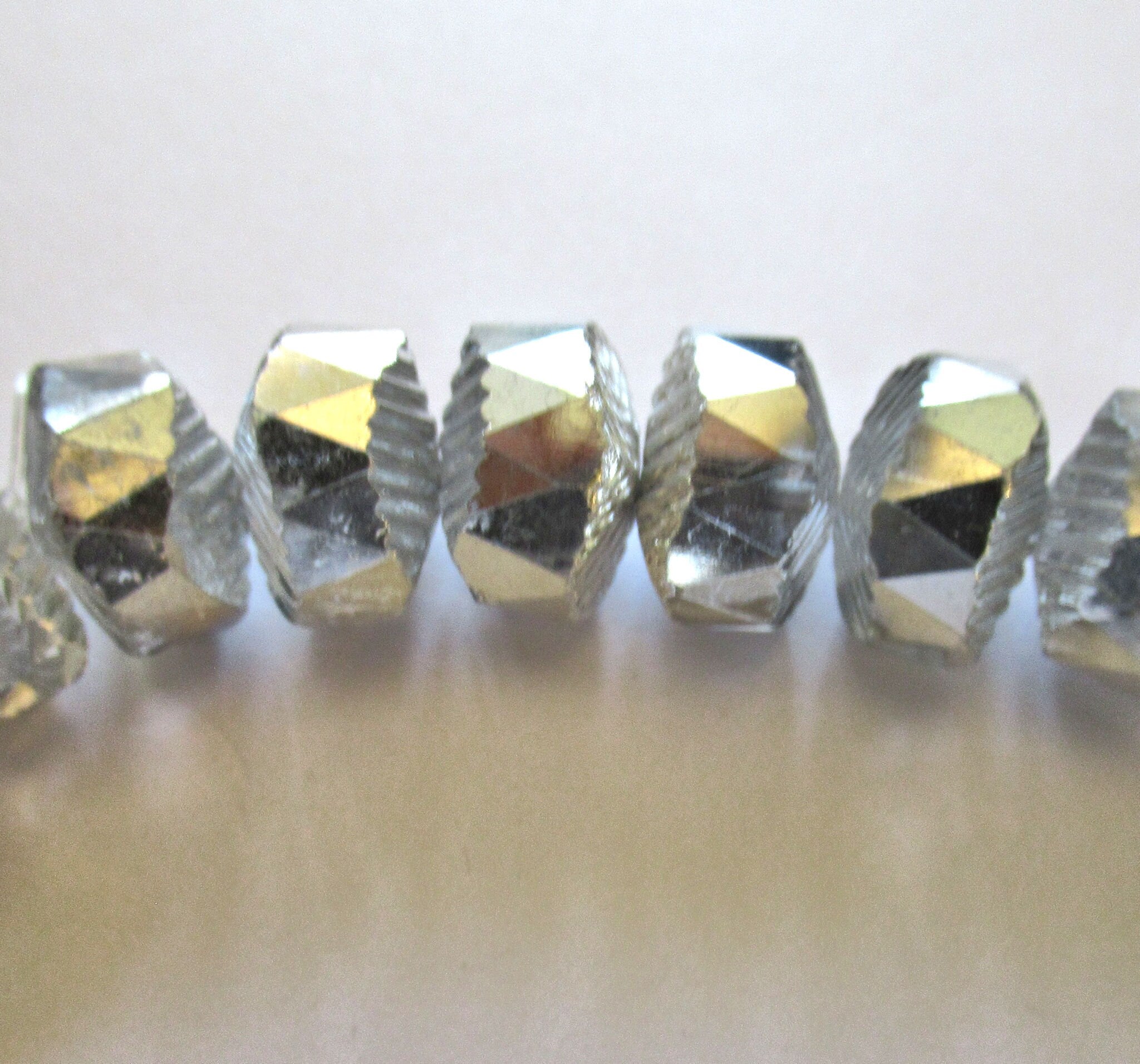 Six Czech glass faceted wavy rondelle beads - large 14 x 6mm silver and crystal mix chunky rondelles - C00941