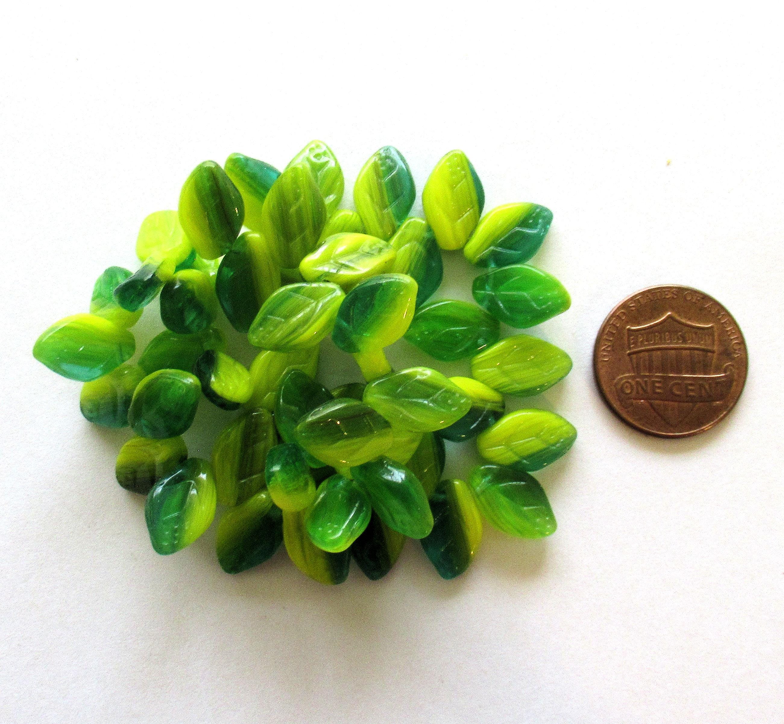 25 Czech glass leaf beads bright -green & yellow marbled mix - 12 x 8mm - side drilled leaves - C00501