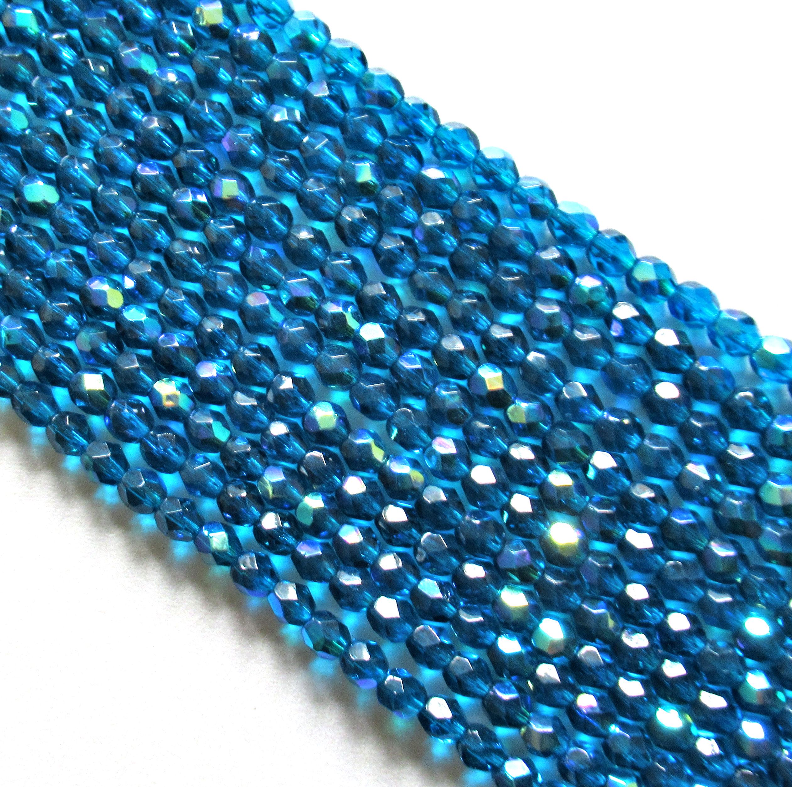 50 4mm Czech glass beads - capri blue AB 0 fire polished faceted round beads- C0086