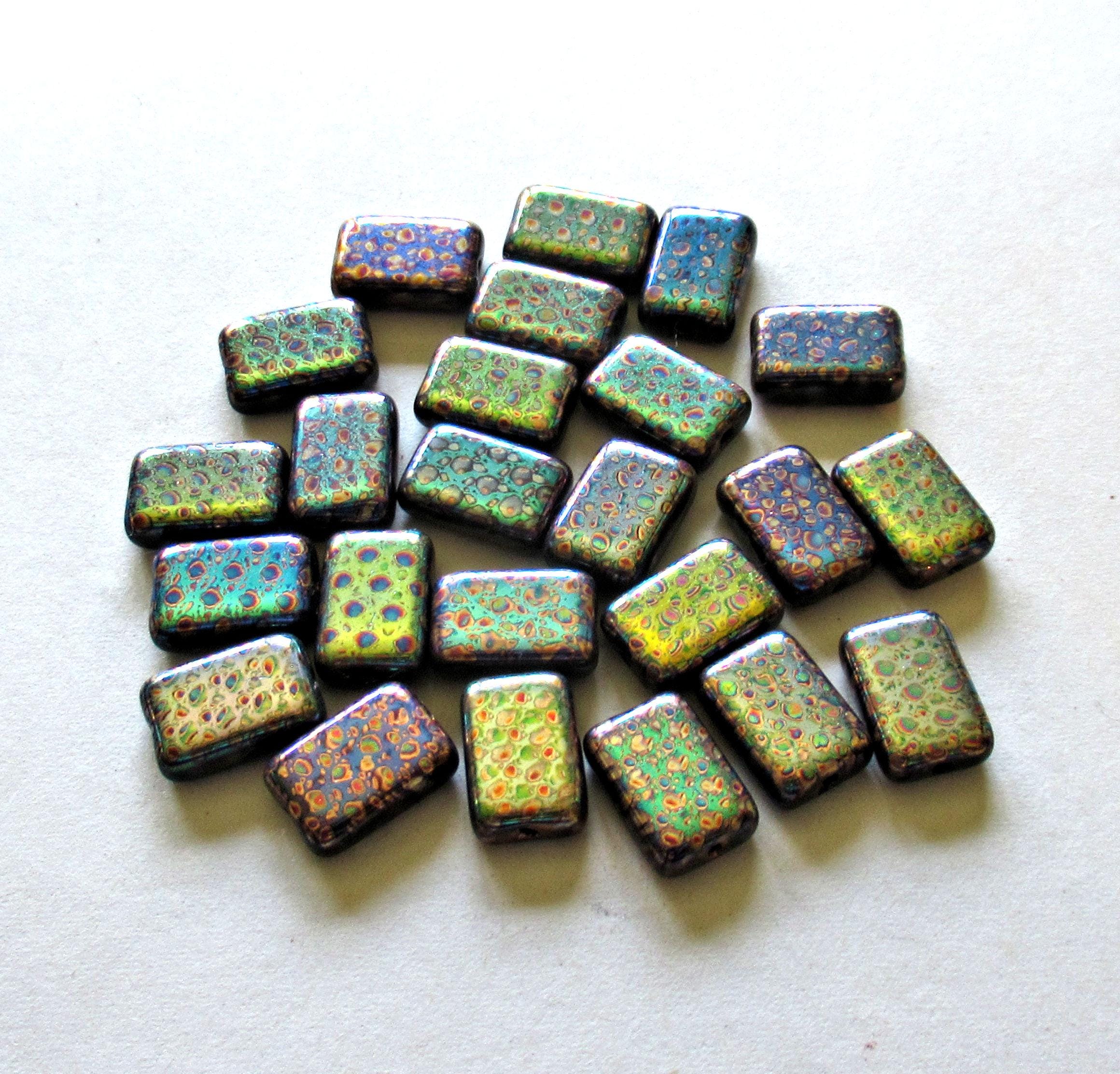 Ten Czech glass rectangle peacock beads - 12 x 8mm - opaque iridescent color mix laser etched beads with abstract pattern C00731