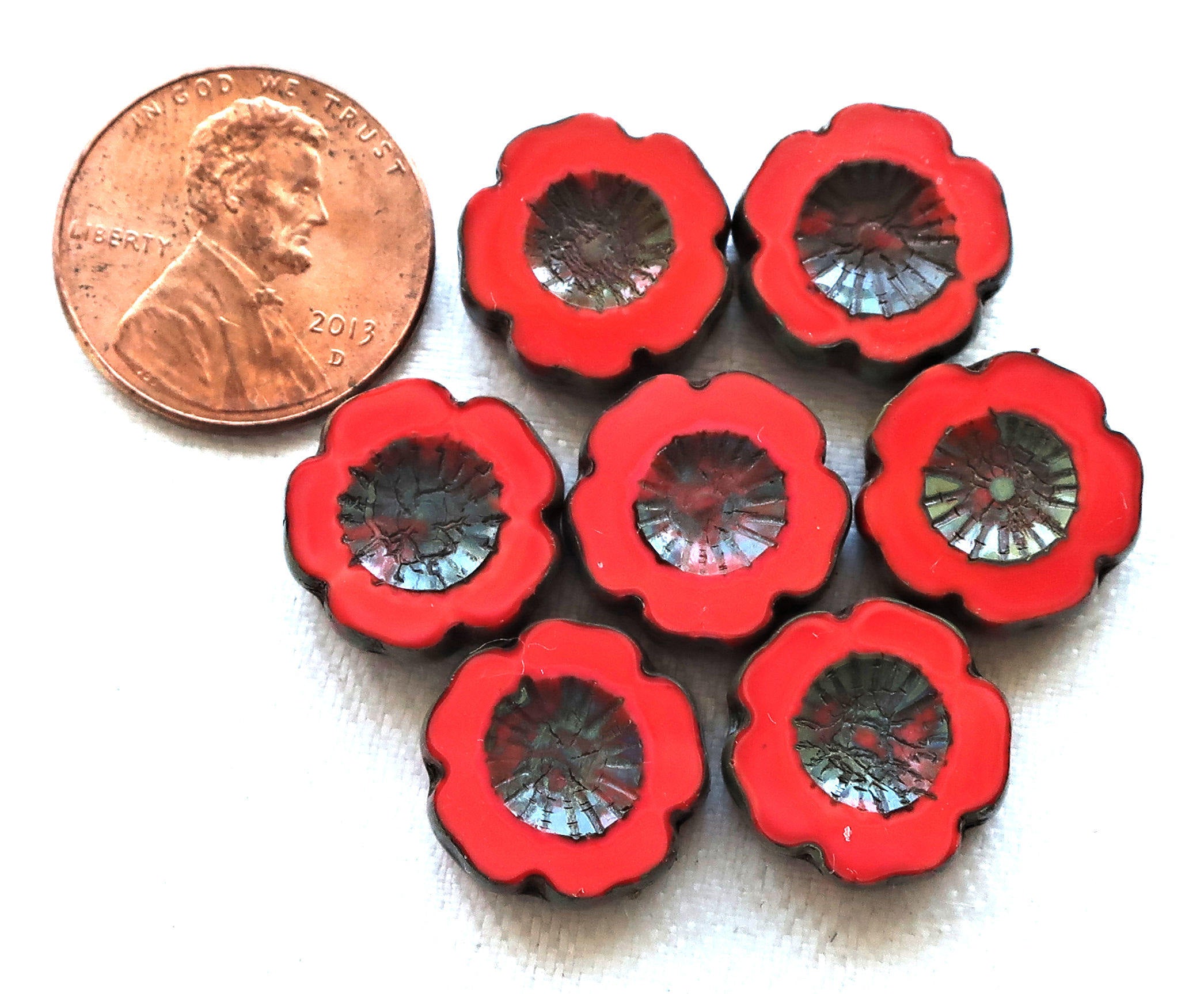 Five 5 Czech glass flower beads. 14mm table cut, carved, opaque bright coral red picasso Czech glass Hawaiian flower beads C00105 - Glorious Glass Beads