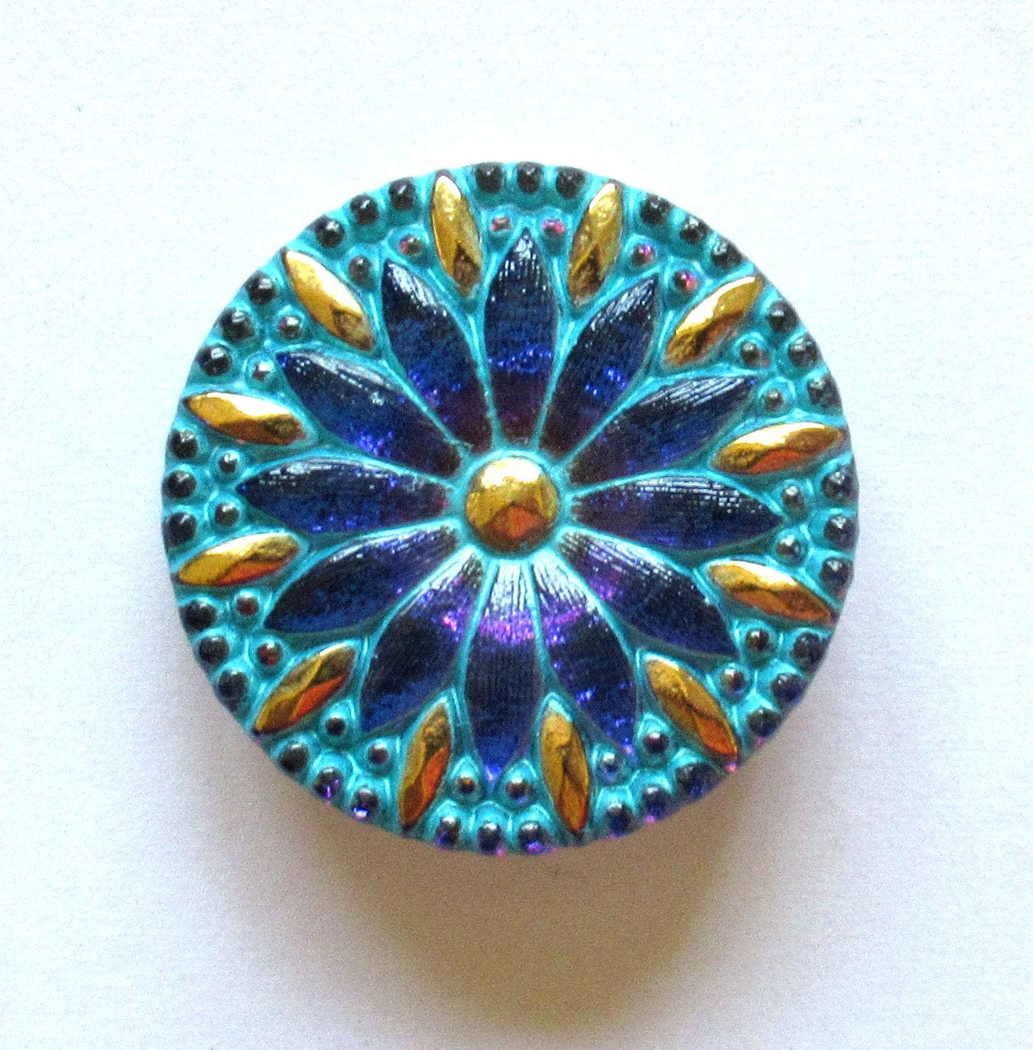 One 30mm Czech glass daisy flower button - iridescent blue & purple with gold accents and a blue wash - decorative shank button - 00054