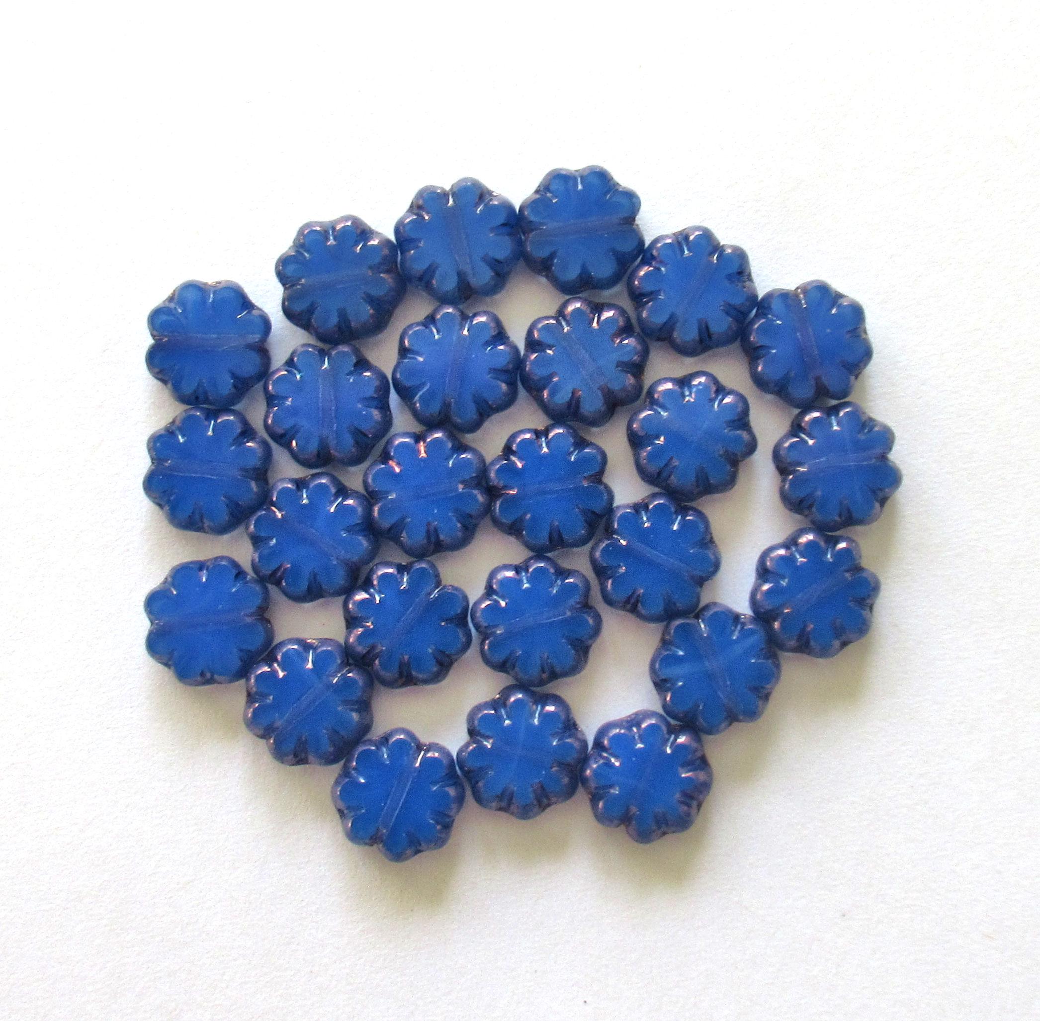 15 Czech glass flower beads - milky blue opal w/ bronze accents - 9mm - table cut cactus flowers - C00871