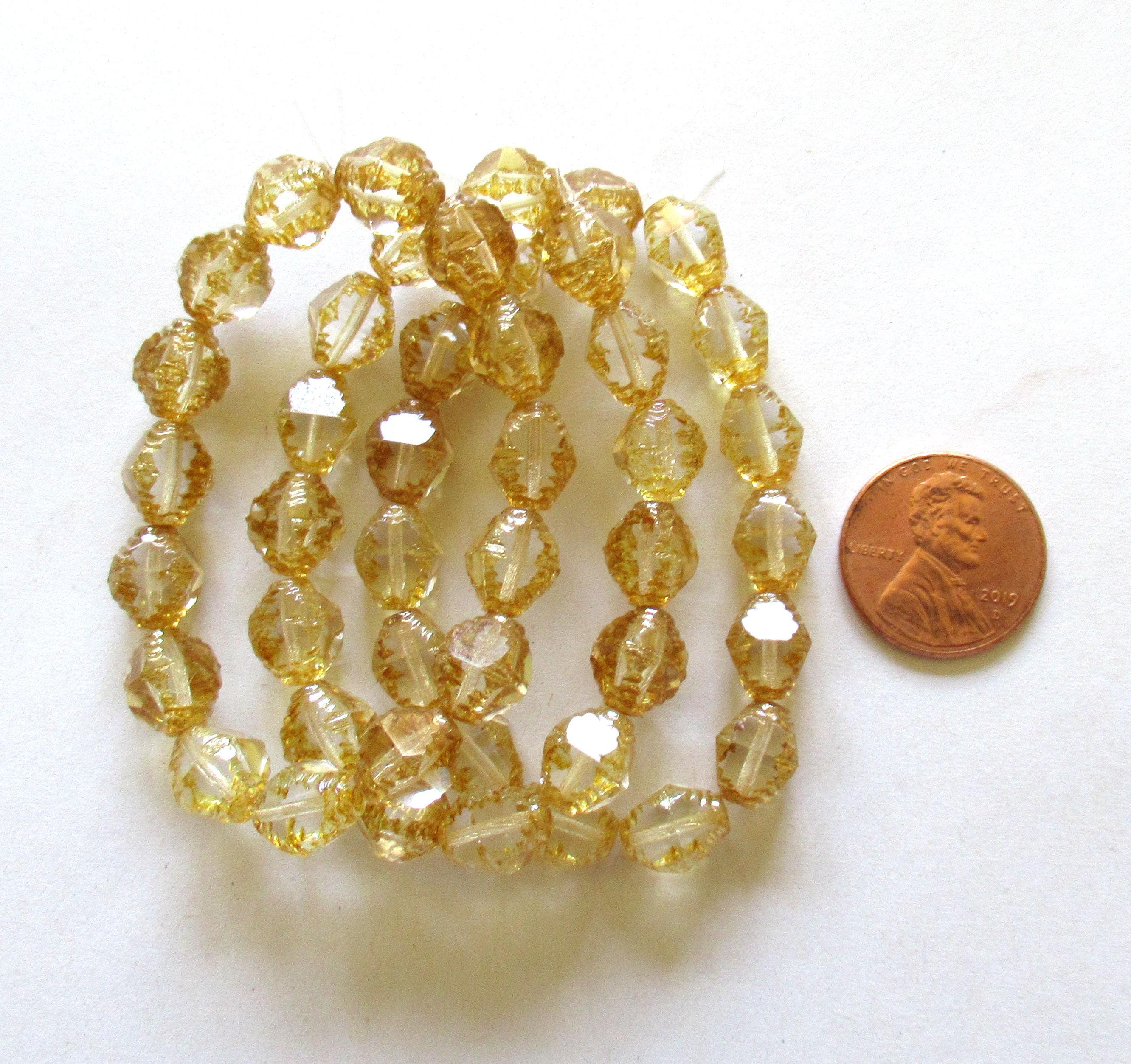 15 Czech glass bicone beads - 10mm - crystal clear with picasso accents - carved notched beads - C00053