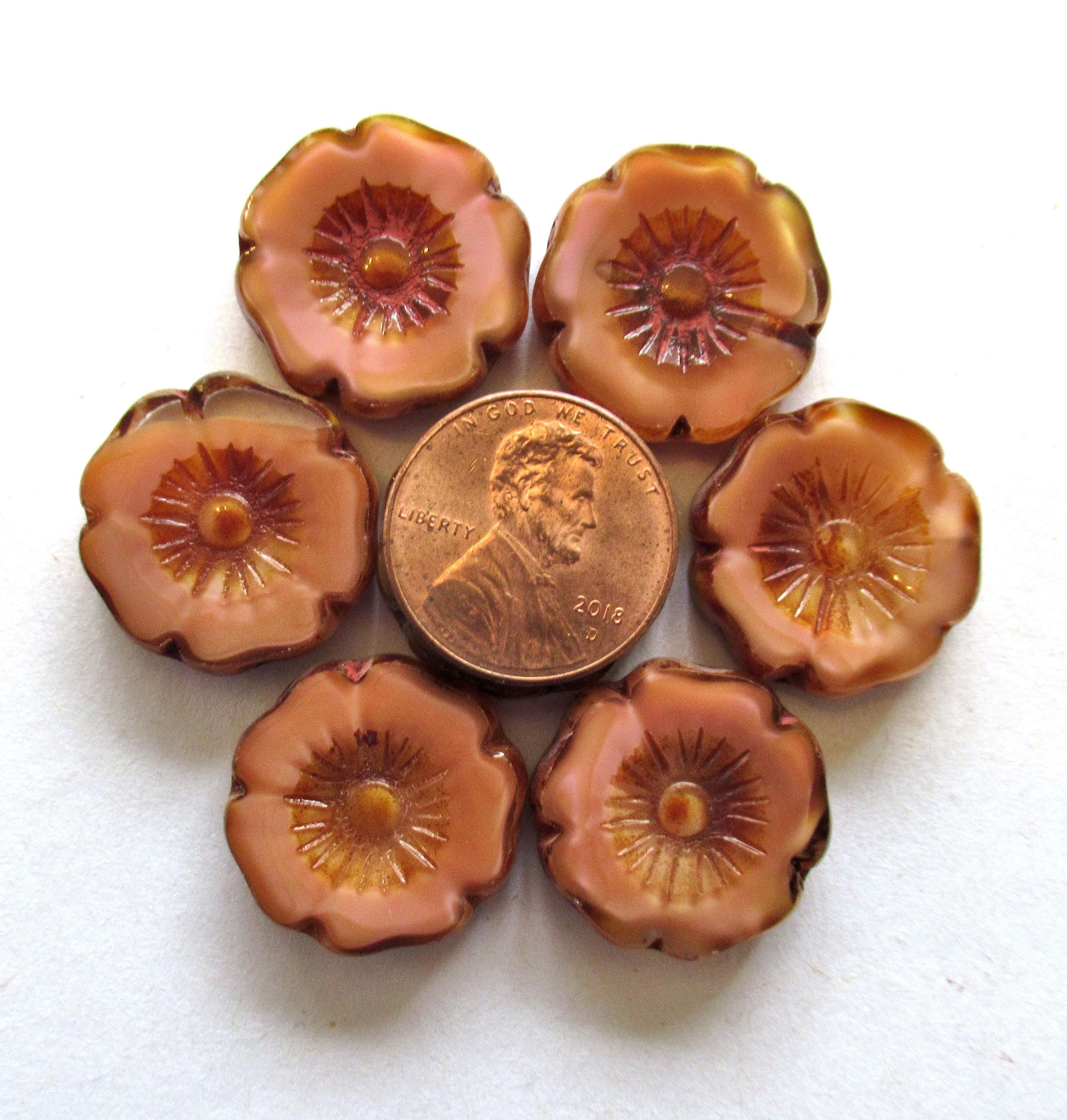 Two large 20mm Czech glass flower beads - silky marbled pink picasso beads - table cut Hawaiian hibiscus focal or statement beads - 00661