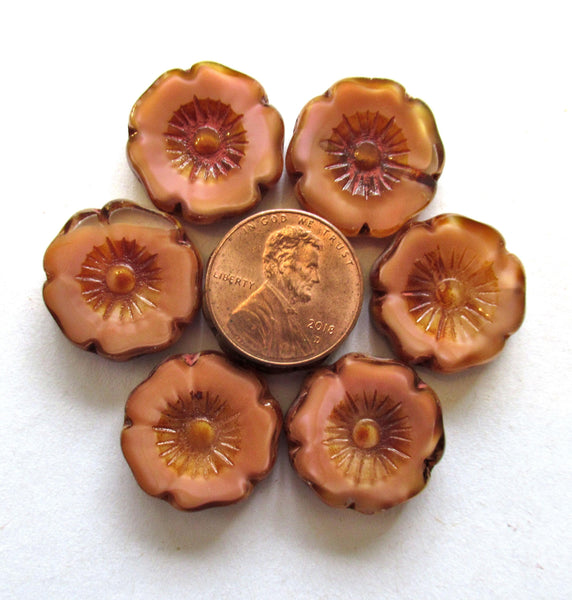Two large 20mm Czech glass flower beads - silky marbled pink picasso beads - table cut Hawaiian hibiscus focal or statement beads - 00661
