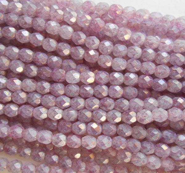 25 6mm Luster Stone Pink Czech glass beads, firepolished, pink faceted round beads with picasso finish, C9425