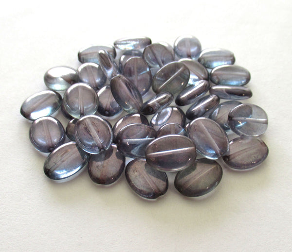 25 Czech glass flat oval beads - lumi blue beads with a light Iridescent purple finish - 12mm x 9mm pressed glass beads C0076