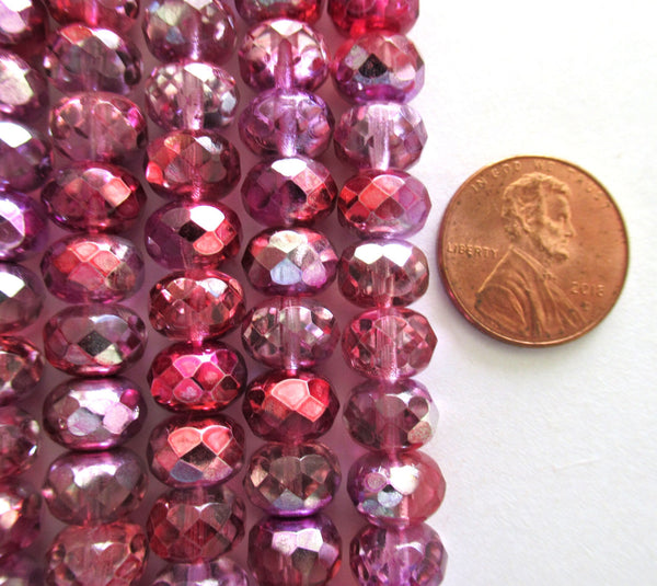 Lot of 25 6 x 9mm Czech glass puffy rondelle beads - pink mix metallic ab fire polished, faceted beads C00312
