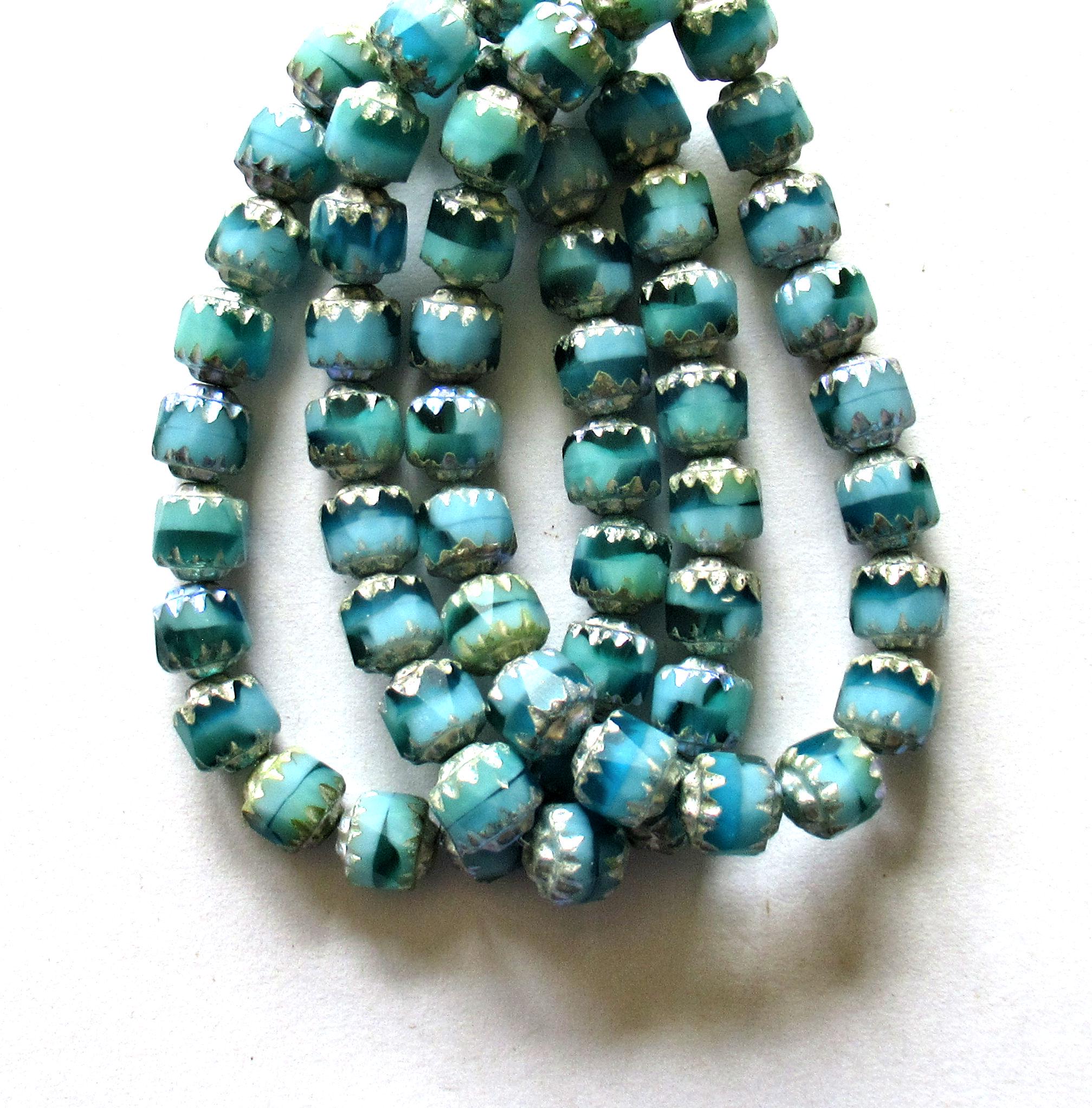 20 6mm Czech glass cathedral beads - blue green mix w/ silver picasso accents - antique cut beads C00072