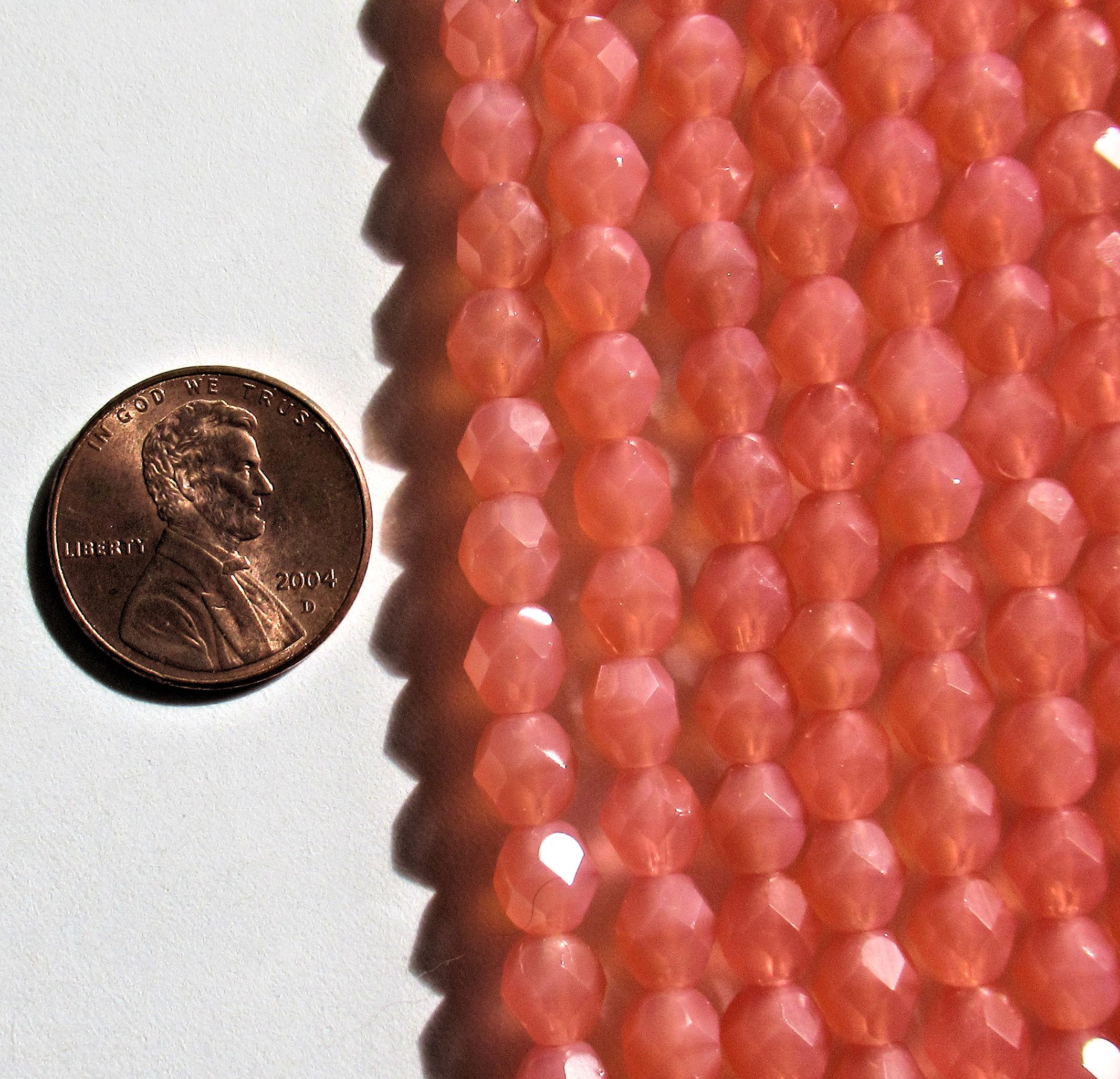 Lot of 25 6mm Czech glass beads - translucent milky salmon pink - faceted round beads - C0027 - Glorious Glass Beads