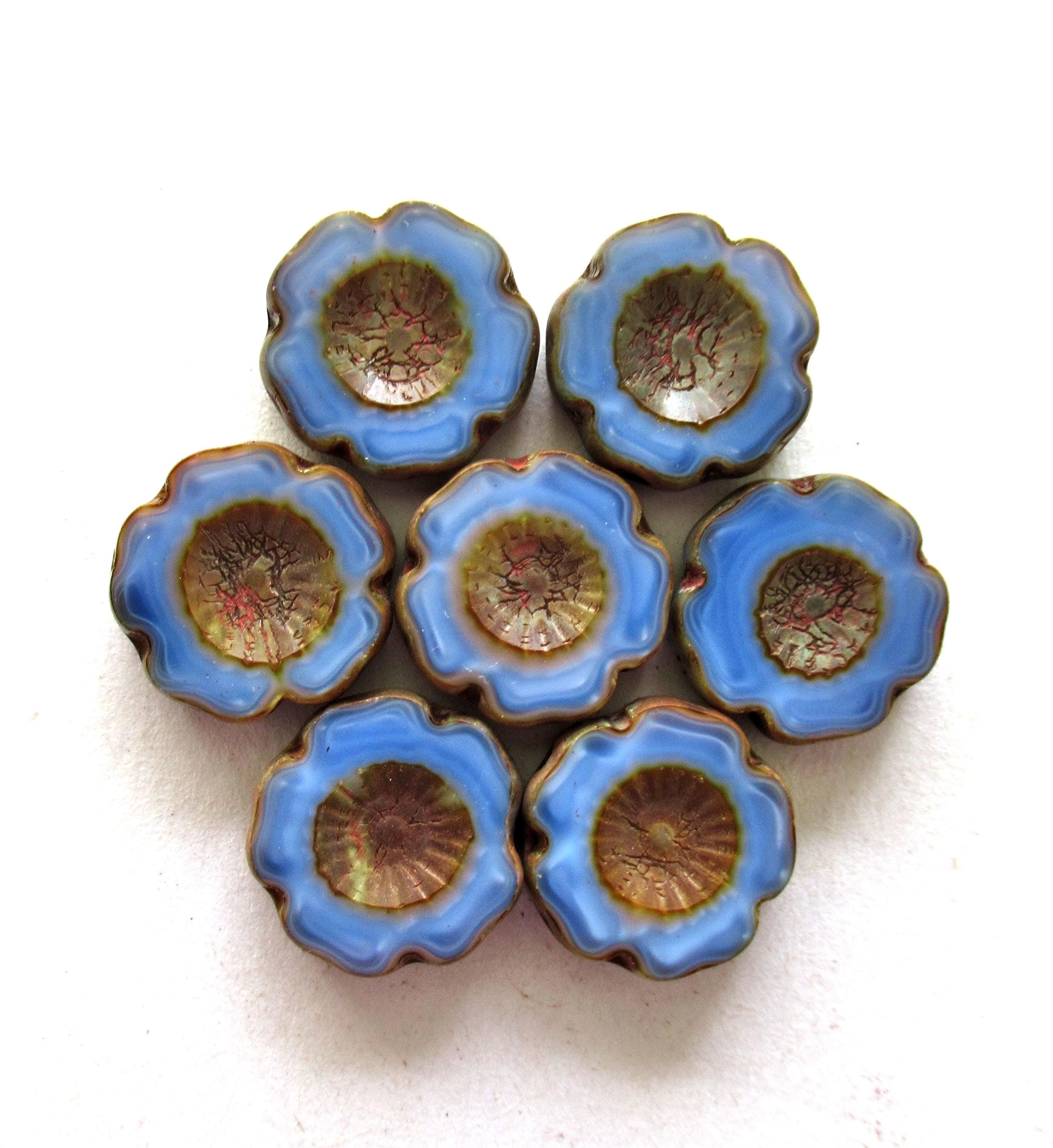 Six Czech glass flower beads - 14mm - marbled cornflower blue w/ picasso accents - table cut carved - Hawaiian hibiscus flower beads C00501