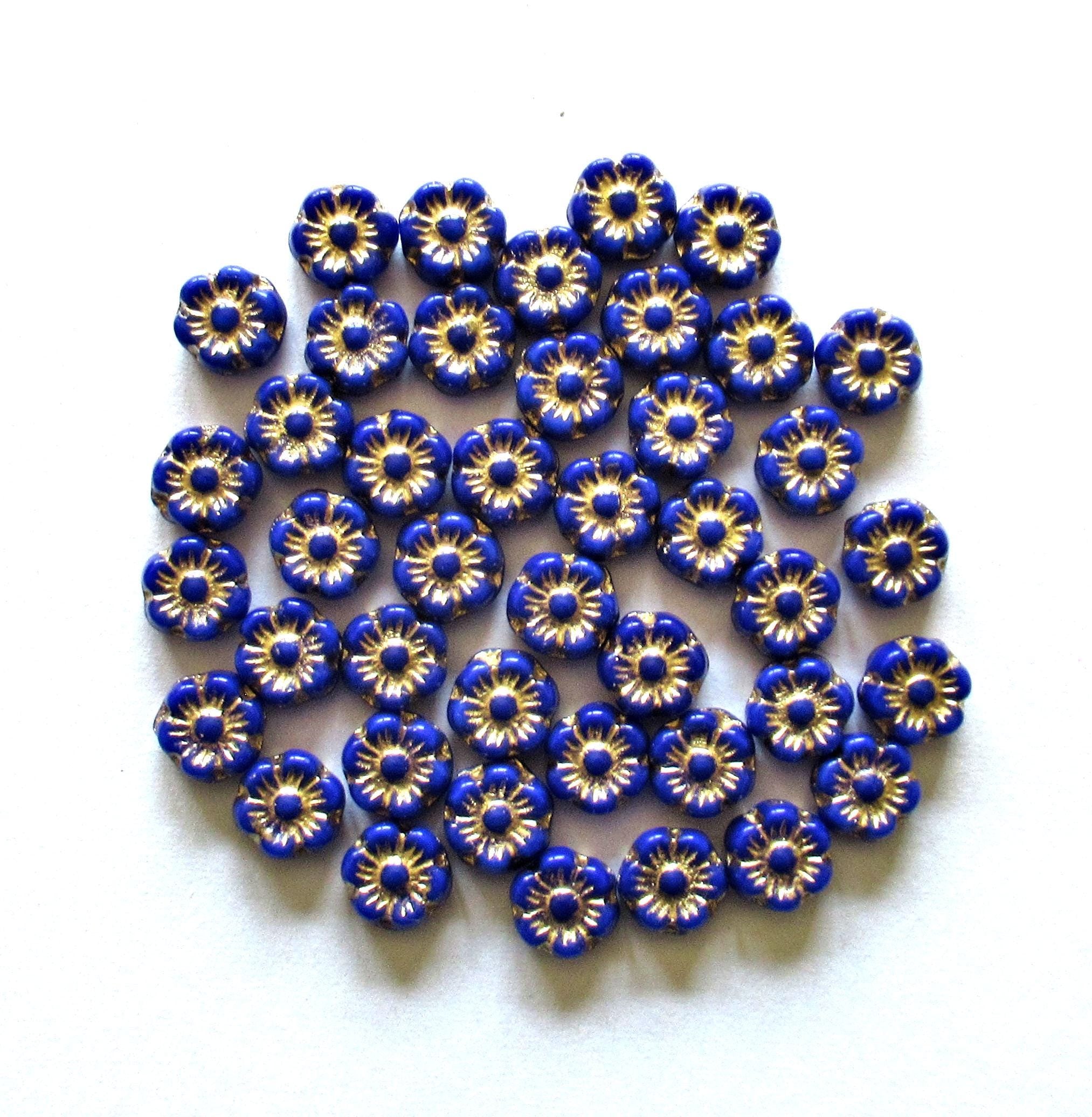 25 small Czech glass flower beads - 6mm - opaque royal blue beads with a gold wash - C0088