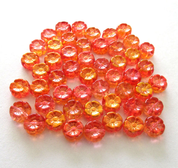 Lot of 15 8mm Czech glass flower beads - transparent orange or hyacinth with an ab finish - pressed glass Hawaiian flower beads C0039