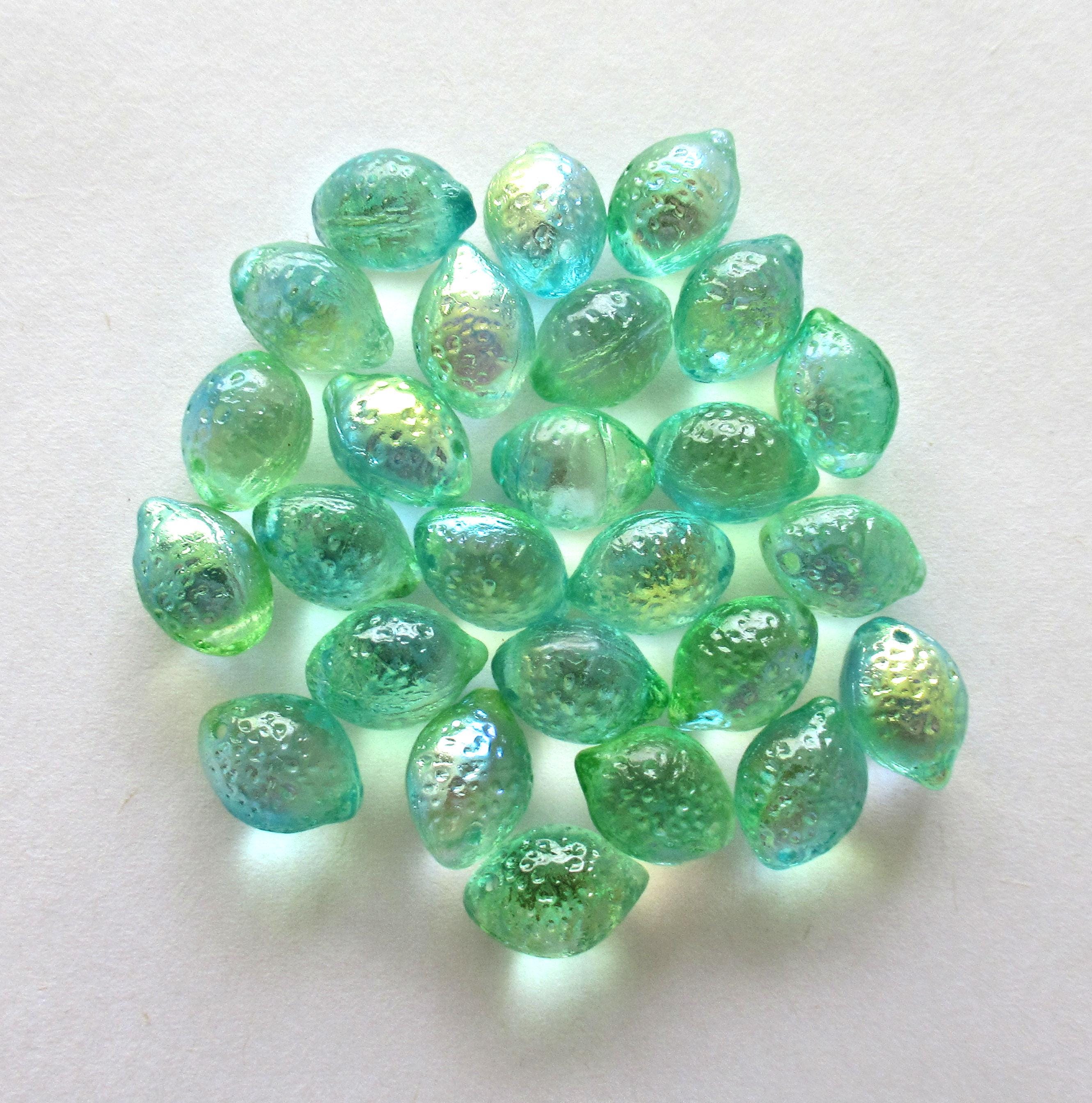 Lemon shaped drop beads - 14 x 10mm - blue green & yellow - side drilled - pressed Czech glass beads - 10 pieces - C00831