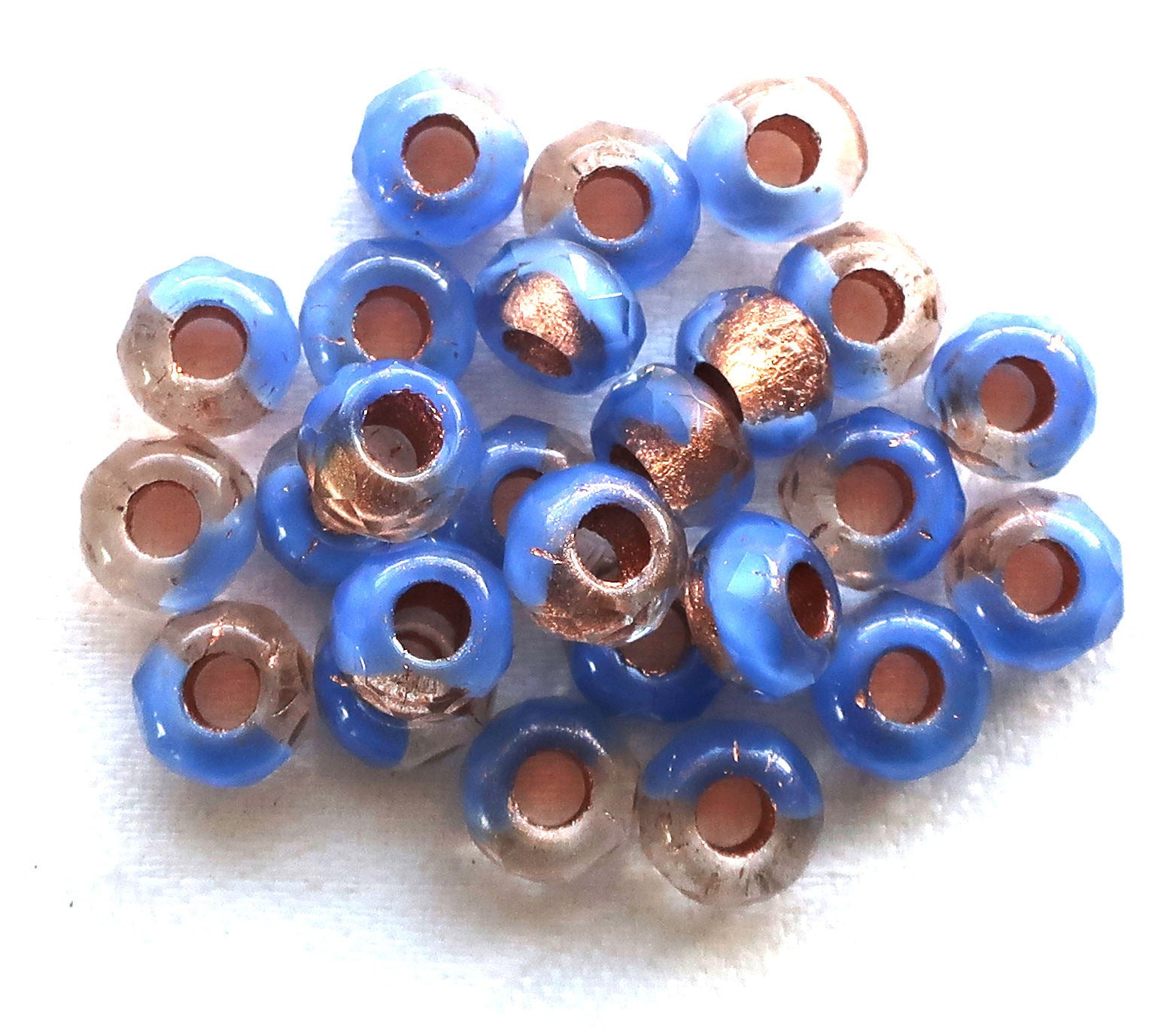 Ten Czech glass roller beads, 9mm x 6mm periwinkle blue & crystal, copper lined, faceted roller, rondelle beads, big 3.5mm hole beads C02110