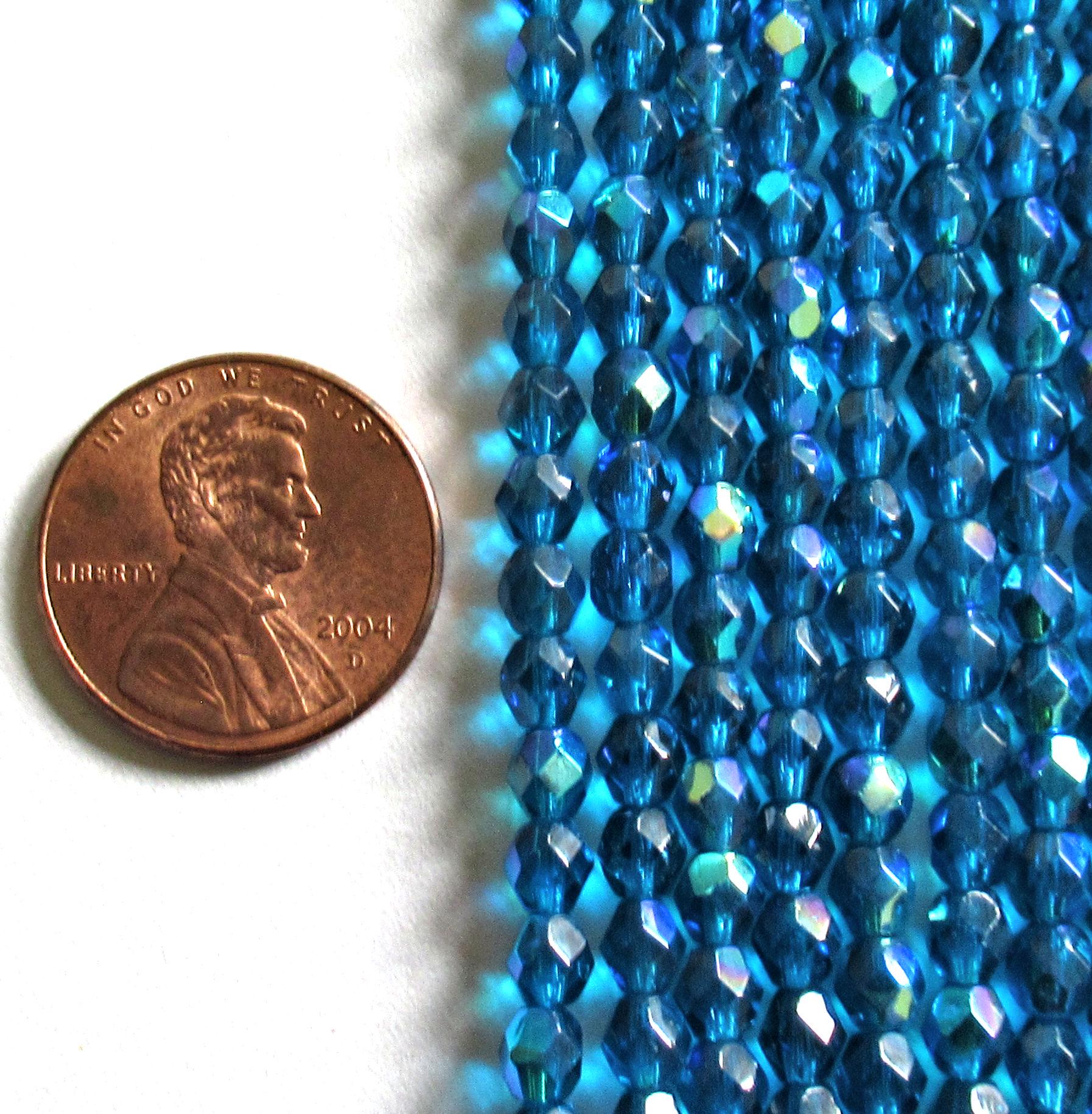 50 4mm Czech glass beads - capri blue AB 0 fire polished faceted round beads- C0086