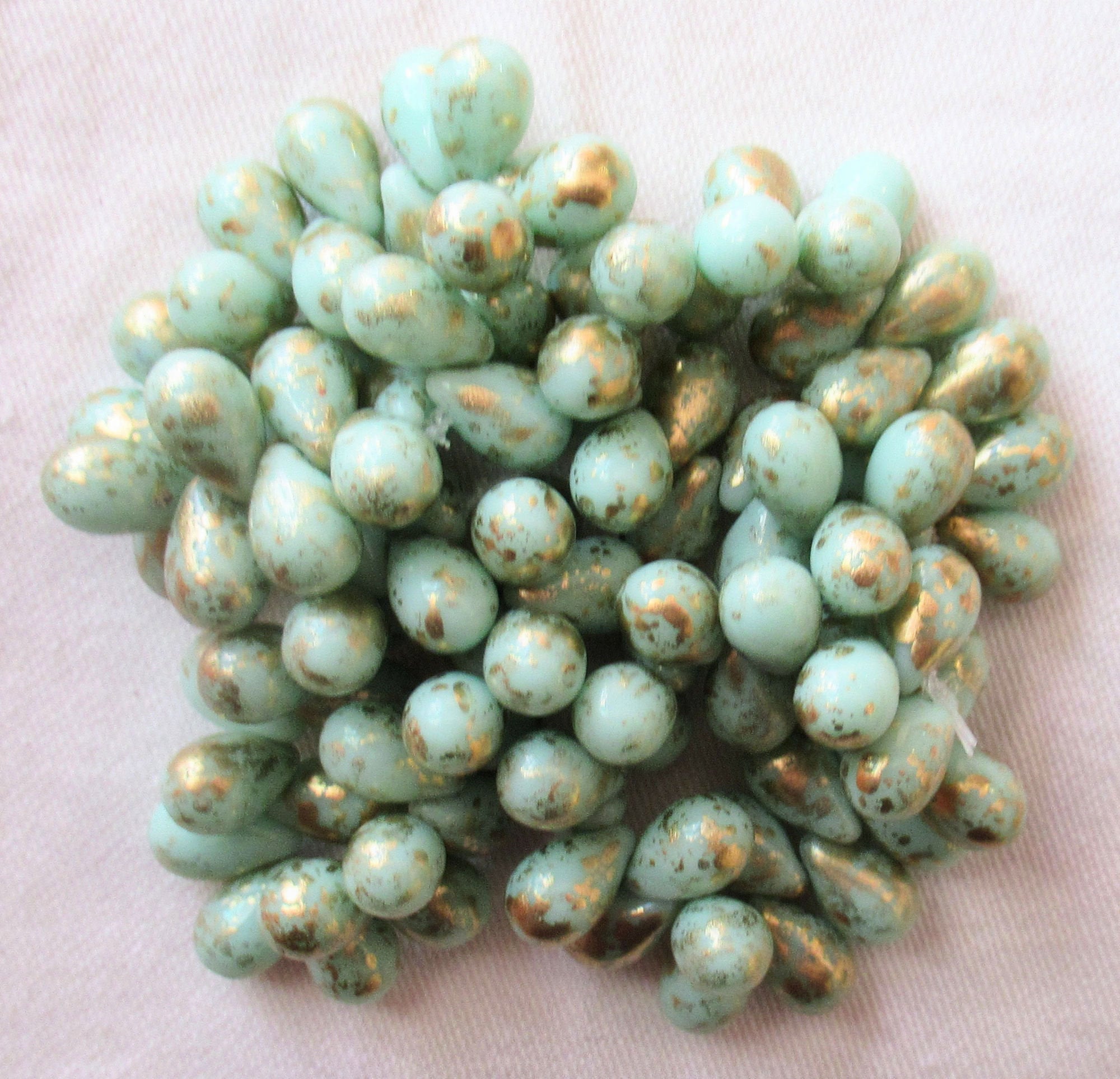 Lot of 25 Czech glass drop beads - opaque mint green with gold accents - smooth teardrop beads - 9 x 6mm C82101