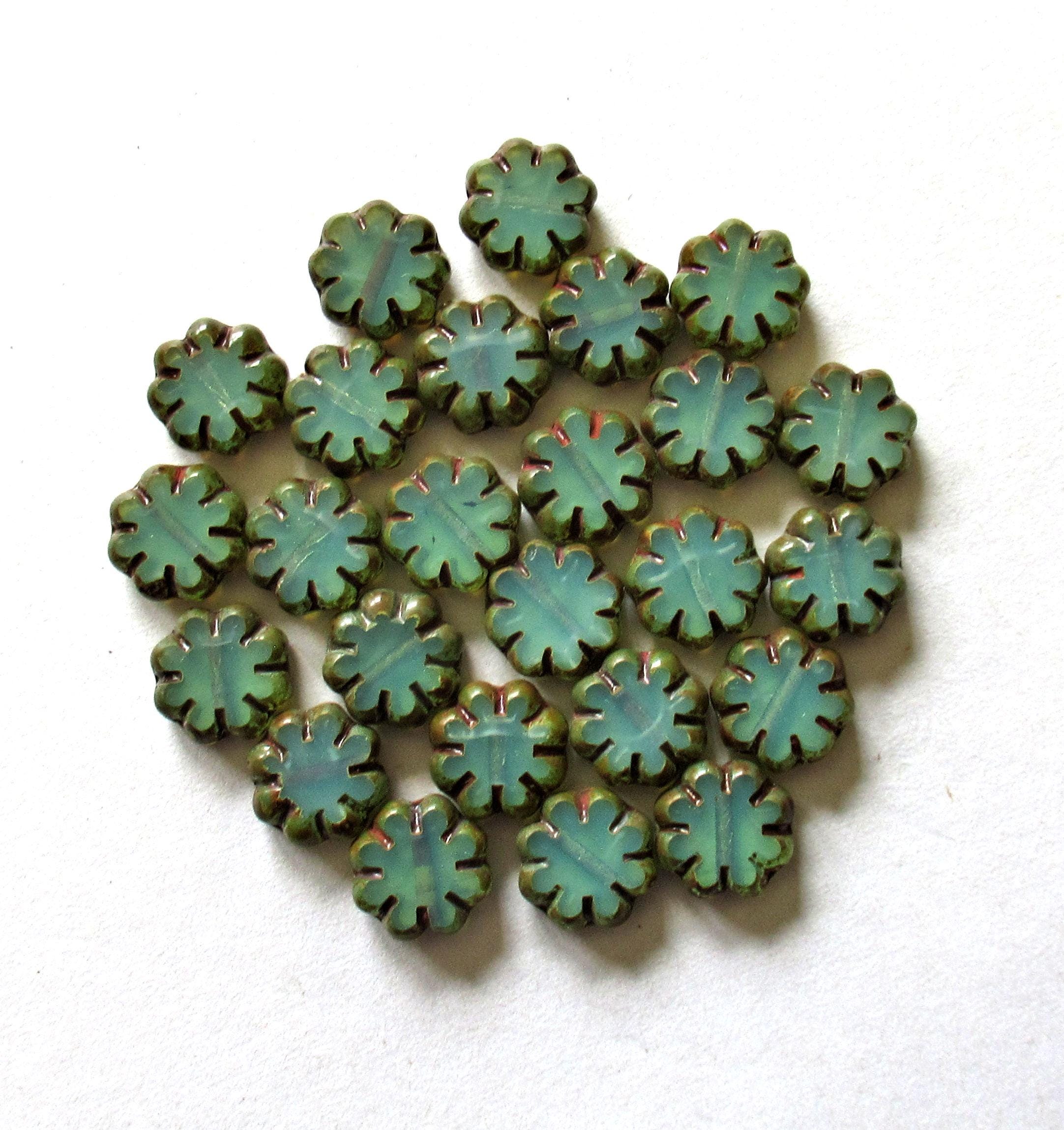 15 Czech glass cactus flower beads - translucent milky sea foam green picasso beads - 9mm - table cut - C00402