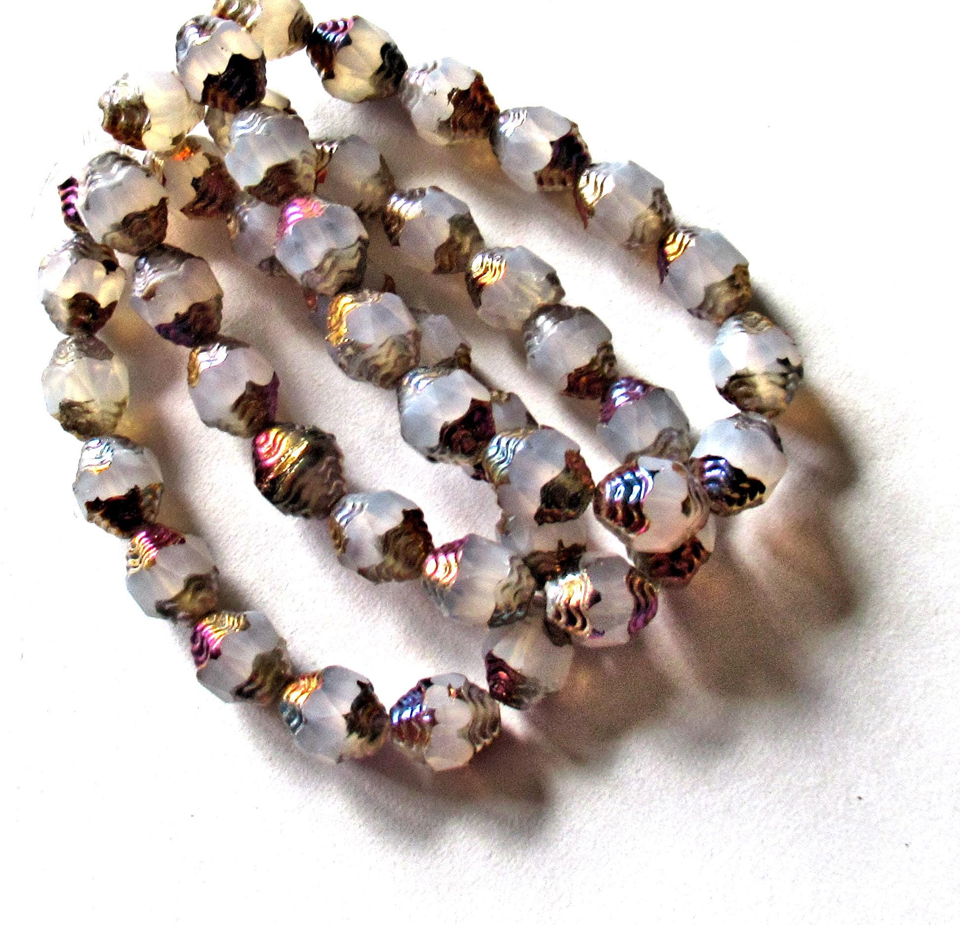 15 Czech glass mini antique style oval beads - 8 x 6mm milky white w/ metallic accents - beads - faceted carved cathedral beads - C00003