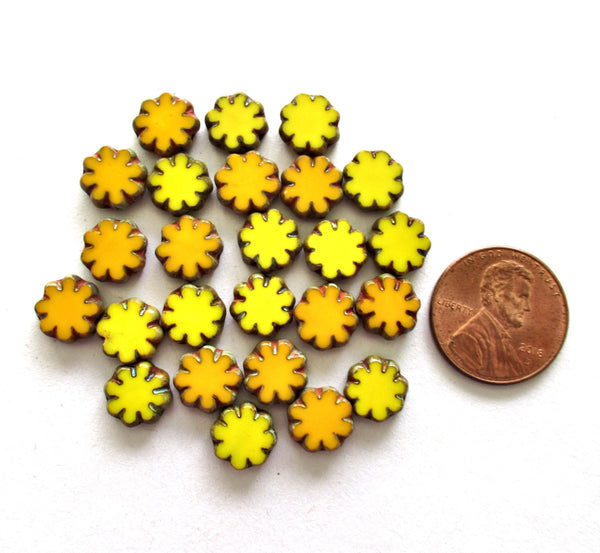 15 Czech glass flower beads - orange & yellow mix picasso beads - 9mm - table cut cactus flower beads - C00261