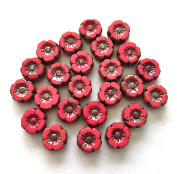 Twelve small 7mm Czech glass flower beads - opaque coral red w/ picasso accents - table cut carved Hawaiian hibiscus flower beads C00051